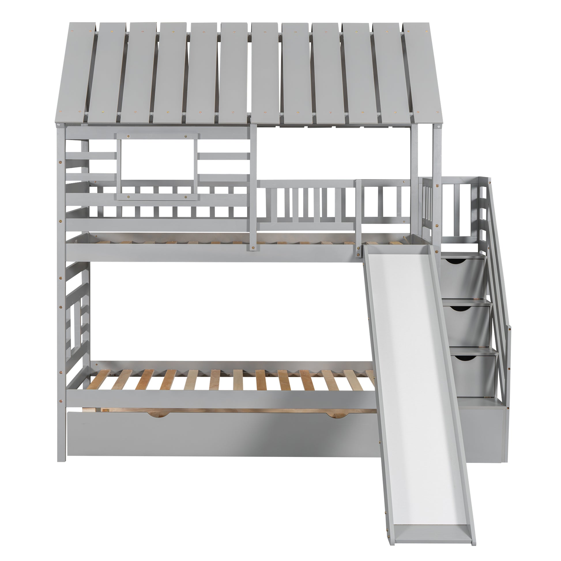 Gray wooden twin loft bed with slide and stairs