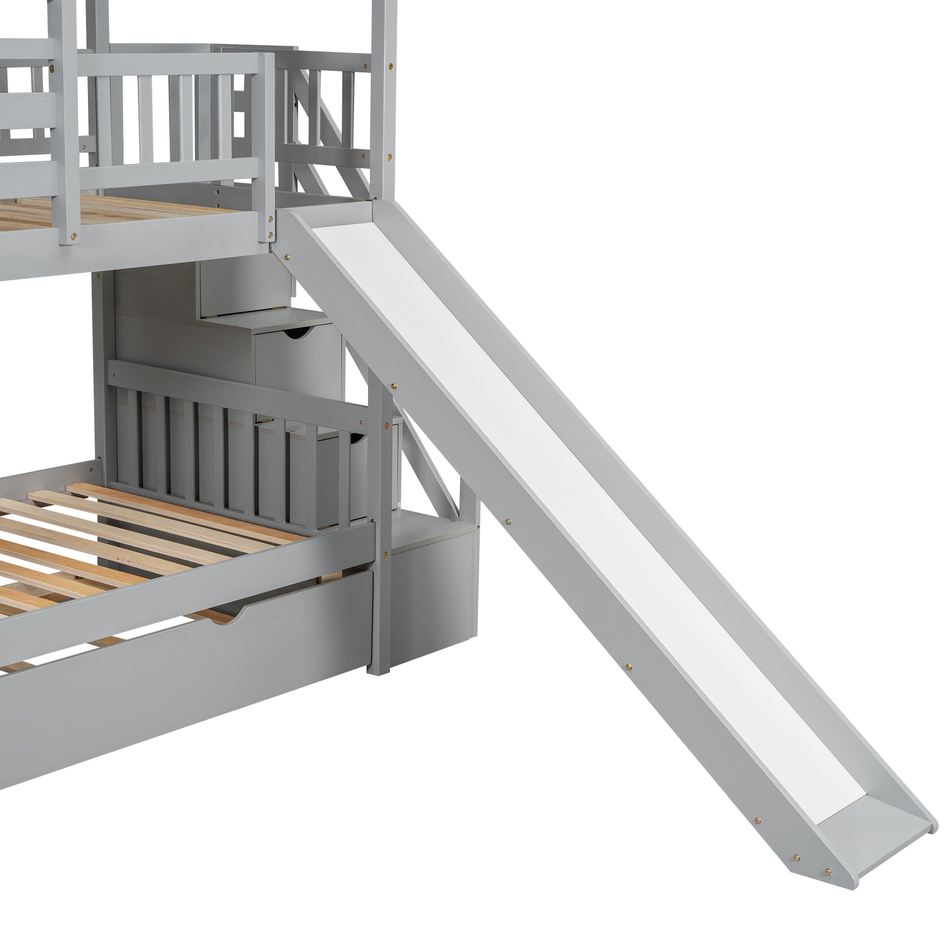 Gray wooden bunk bed with slide and drawers