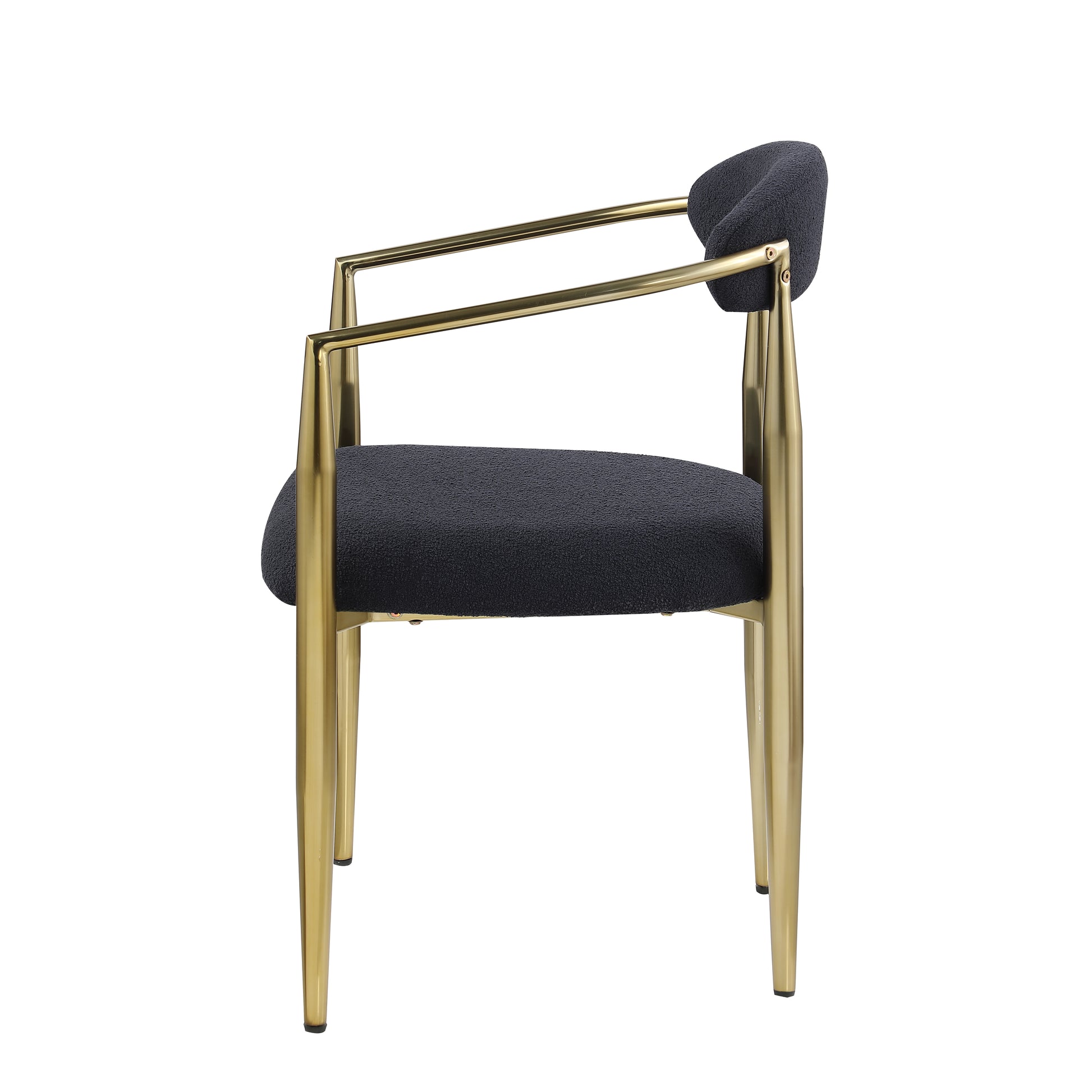 Dark grey boucle fabric accent chair with polished gold metal frame