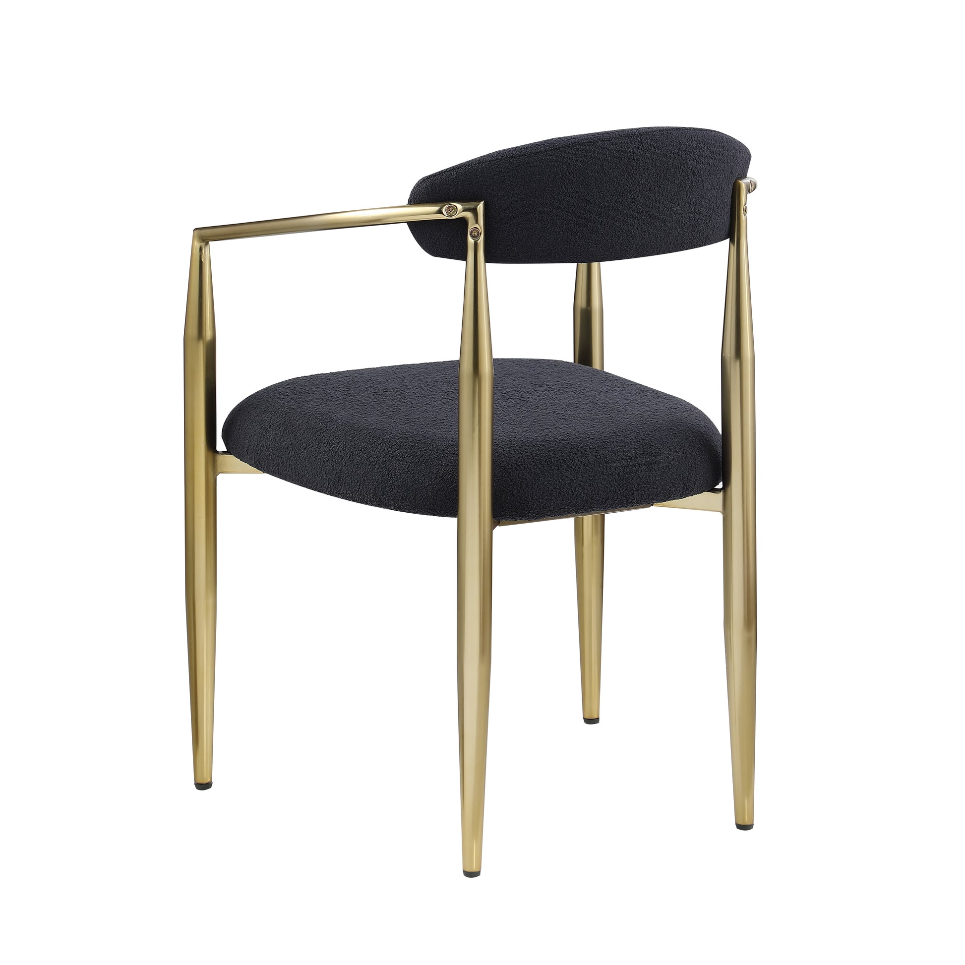 Modern arm chair with textured black upholstery and sleek gold metal legs
