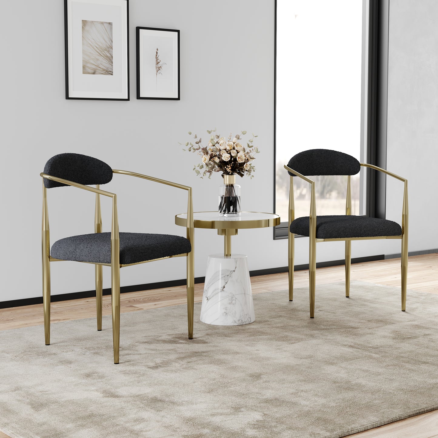 Black boucle accent chair with gold metal frame