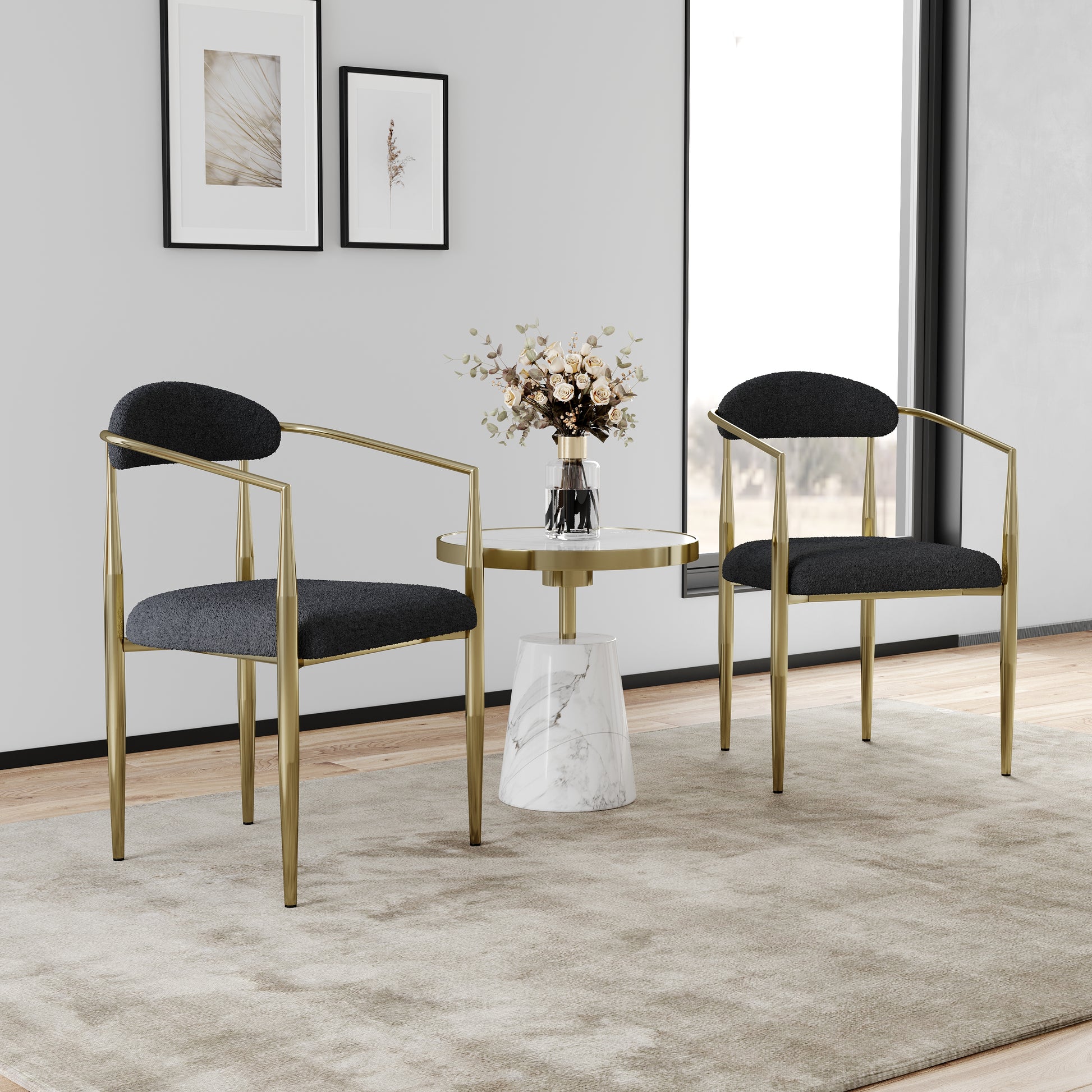 Black boucle accent chair with gold metal frame