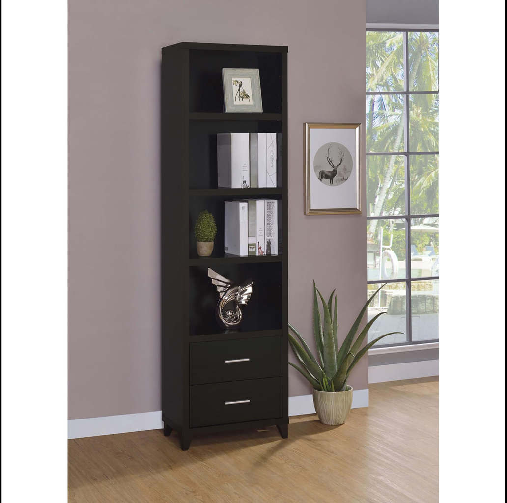 Tall black bookshelf with  shelves and  drawers