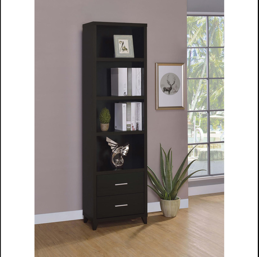 Tall black bookshelf with  shelves and  drawers