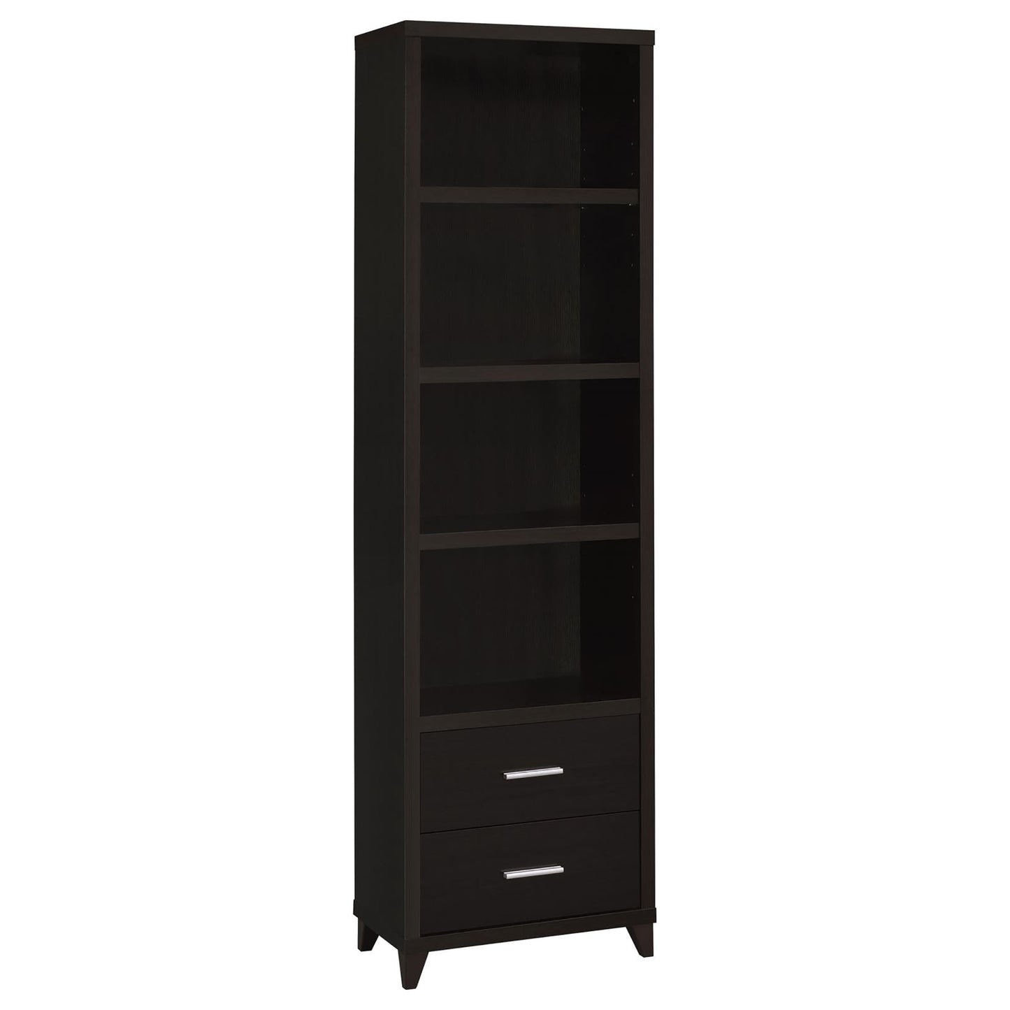 Tall dark brown bookcase with four shelves and two drawers