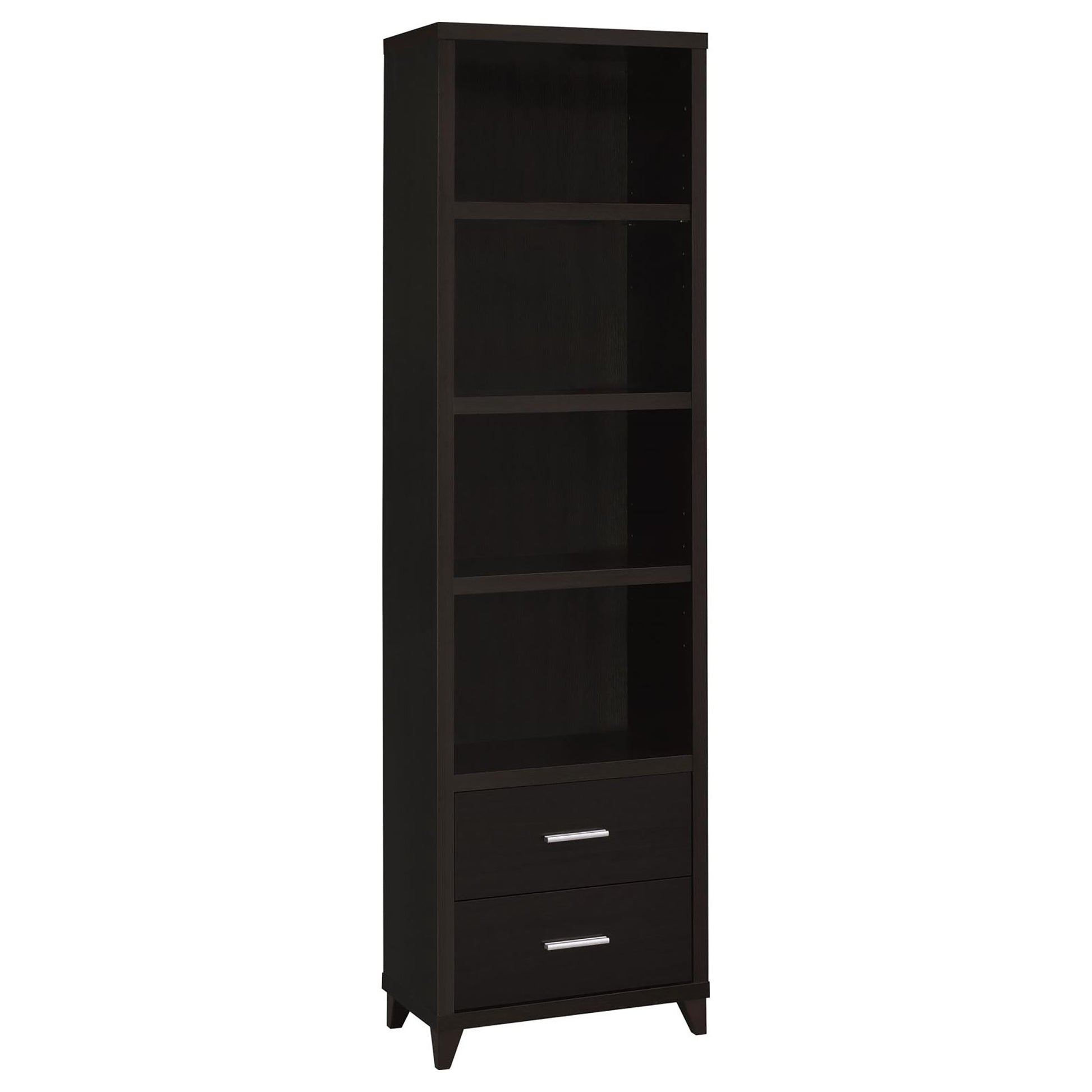 Tall dark brown bookcase with four shelves and two drawers
