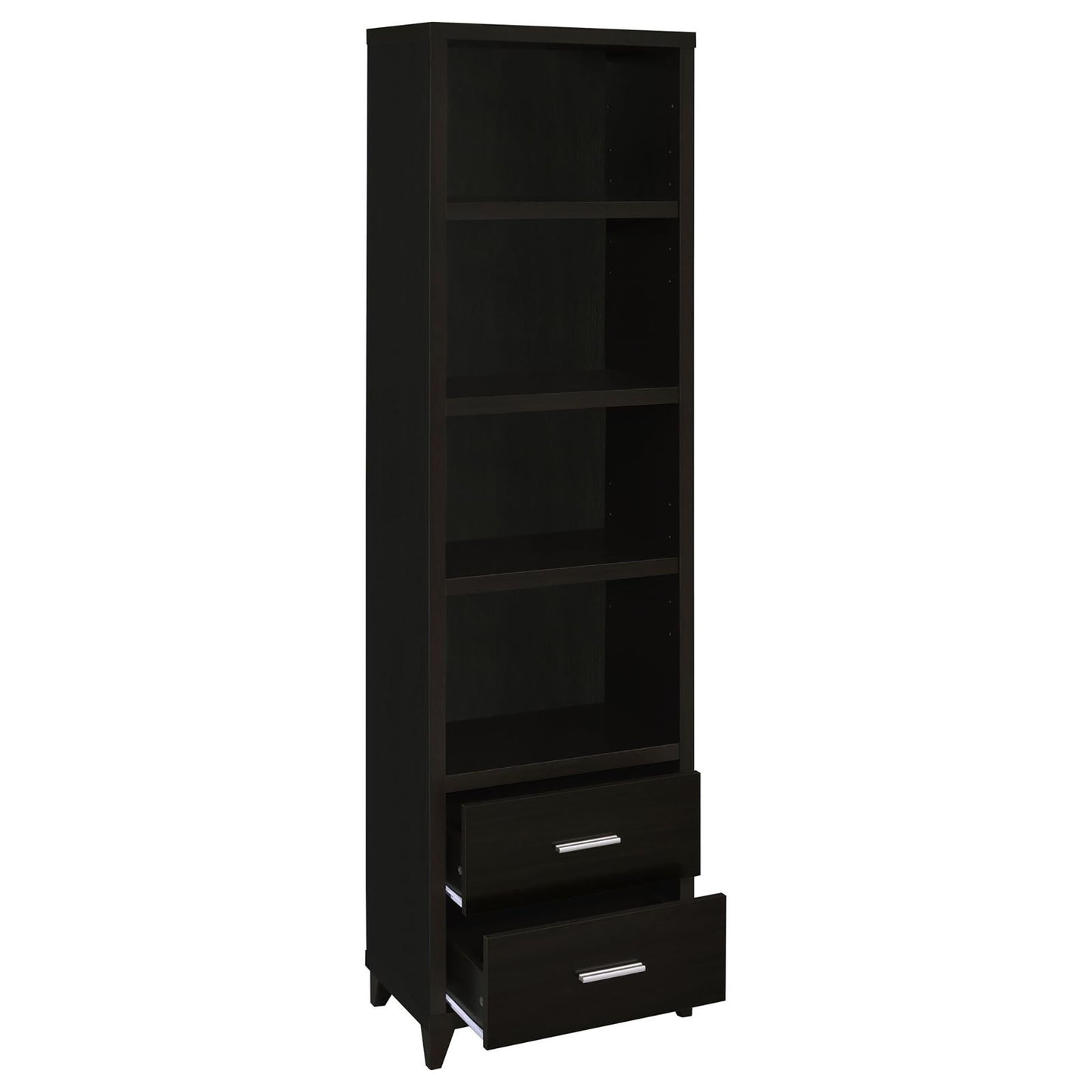 Dark espresso tall bookshelf with five shelves and two drawers