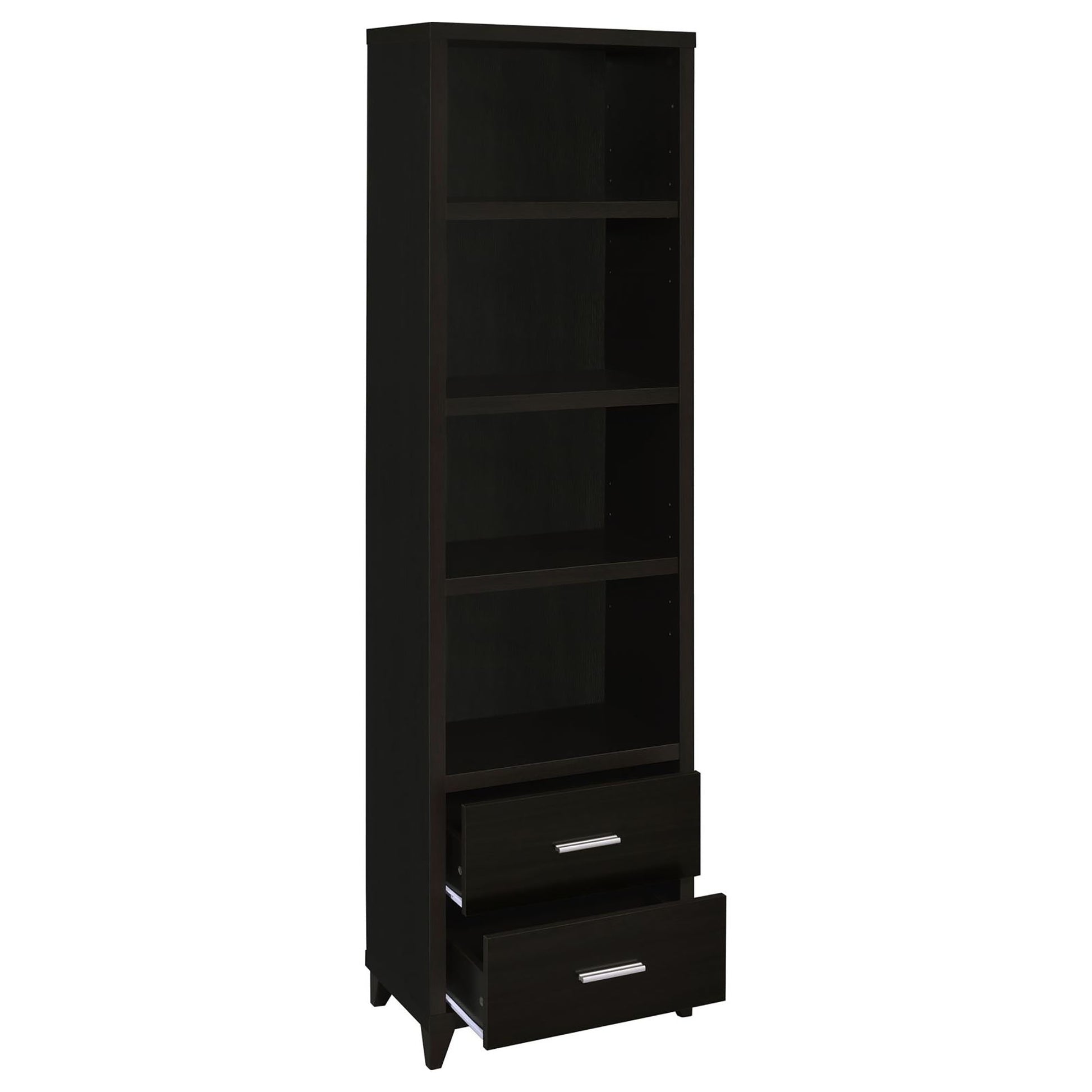 Dark espresso tall bookshelf with five shelves and two drawers