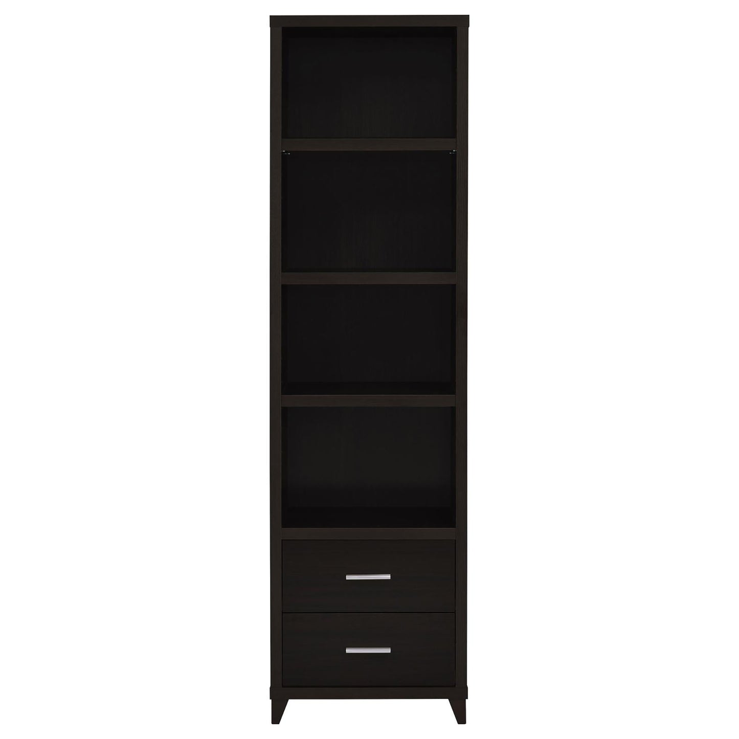 Tall dark brown bookshelf with three open shelves and two drawers