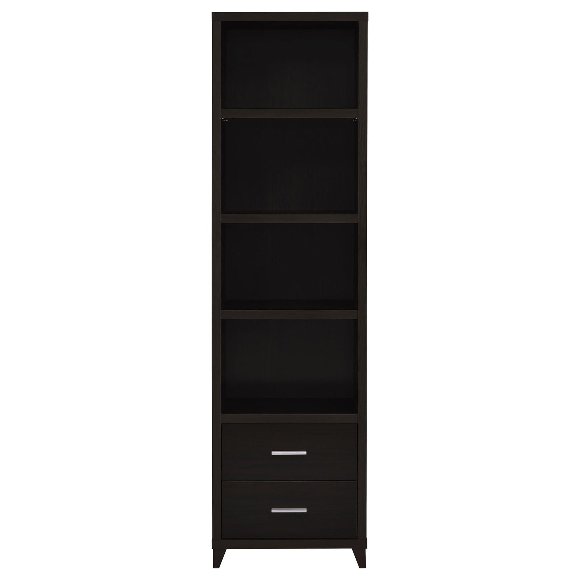 Tall dark brown bookshelf with three open shelves and two drawers