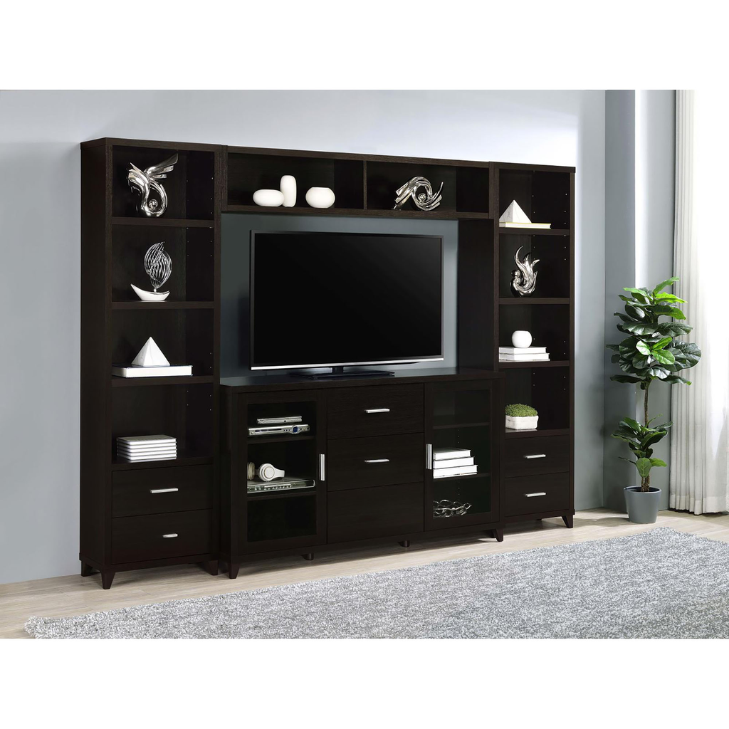 Espresso entertainment center with open shelves and drawers