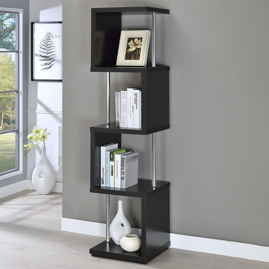 Black modern zigzag bookshelf with chrome accents and books