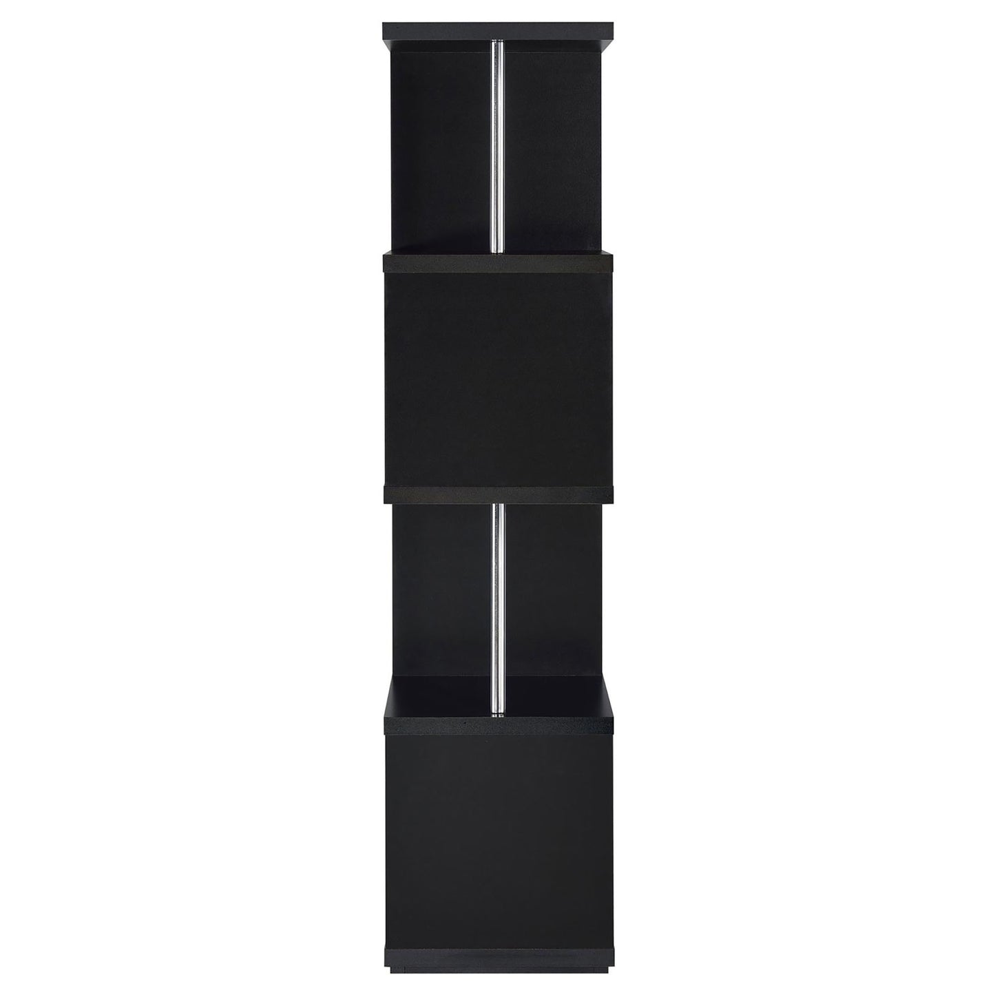 Black modern bookshelf with open compartments and silver support rod