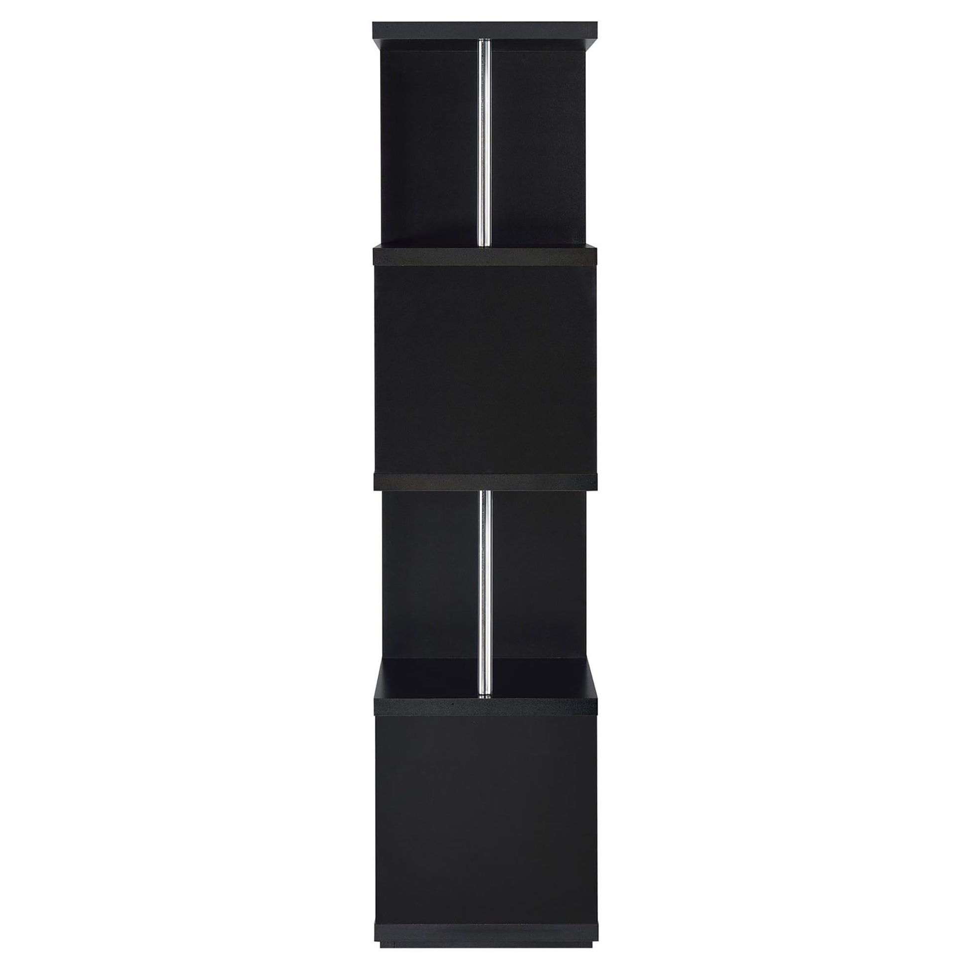Black modern bookshelf with open compartments and silver support rod