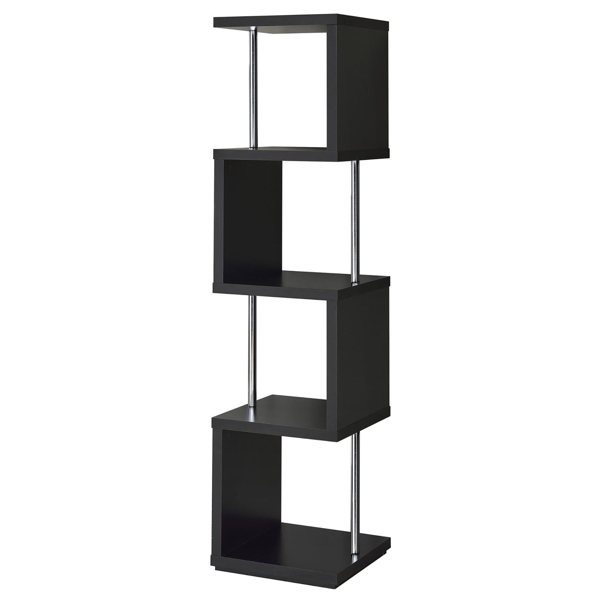 Black zigzag bookshelf with chrome accents and four open shelves