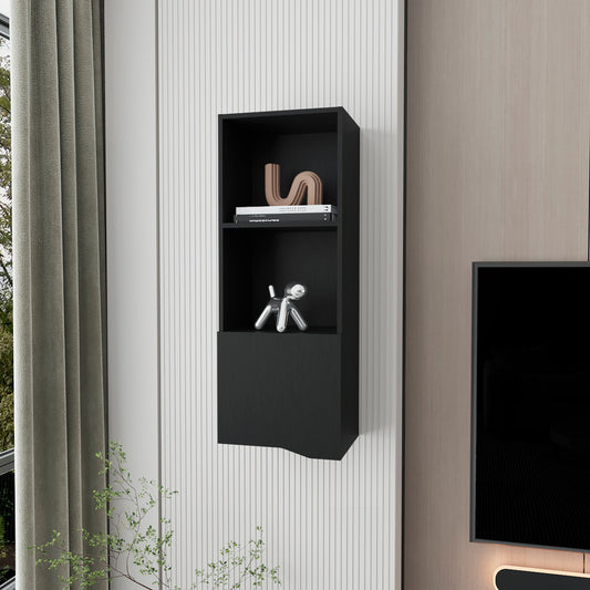 Black modern wall shelf with two compartments and a decorative sculpture