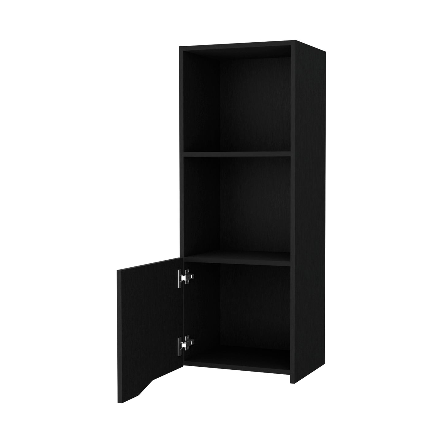 Black modern narrow cabinet with open door and two shelves