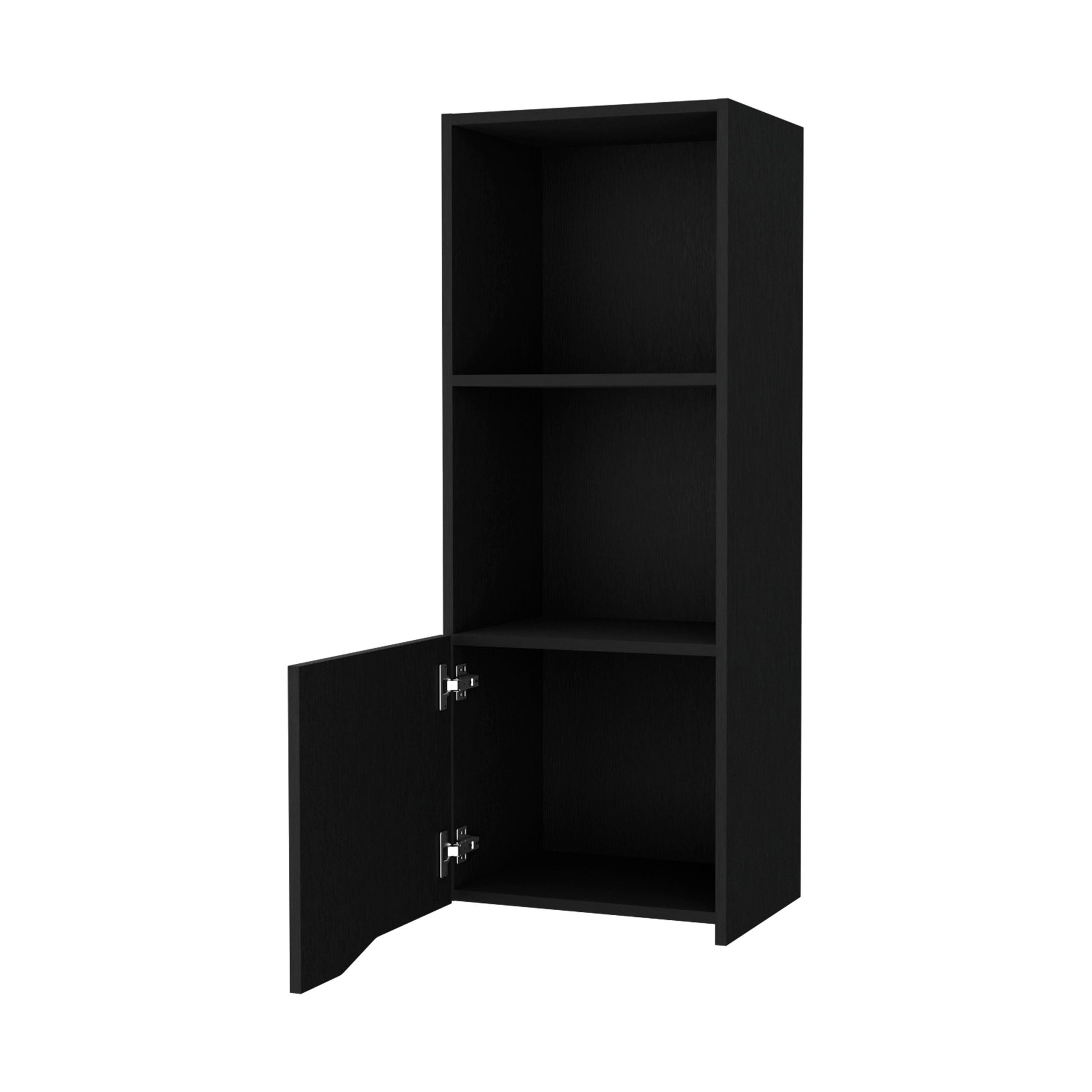 Black modern narrow cabinet with open door and two shelves