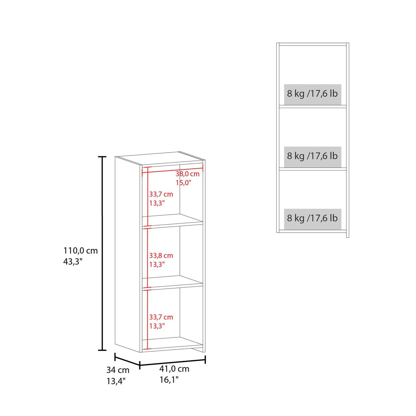 Line drawing of a white threeshelf bookcase with dimensions