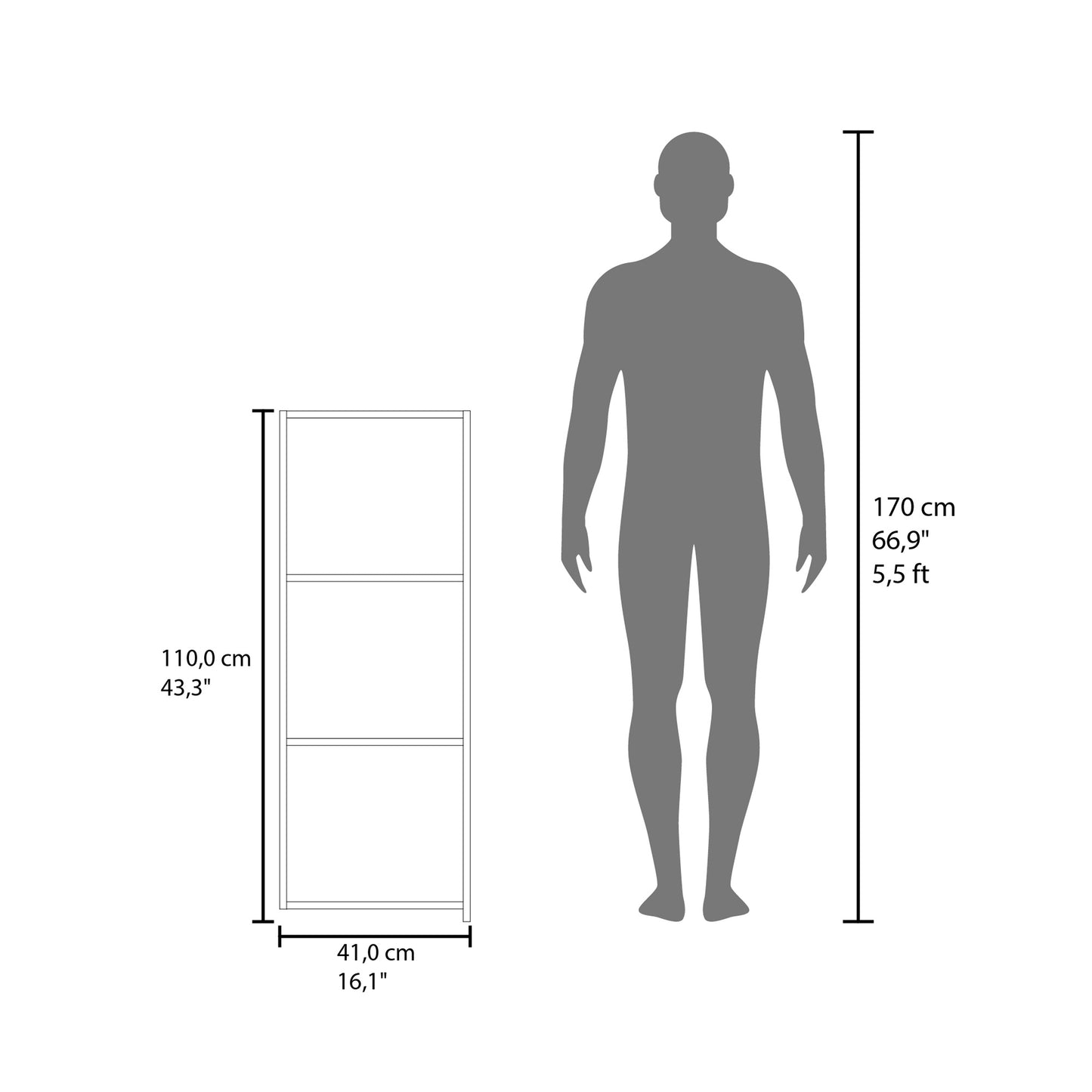 Diagram showing a cm tall white bookcase next to a cm person