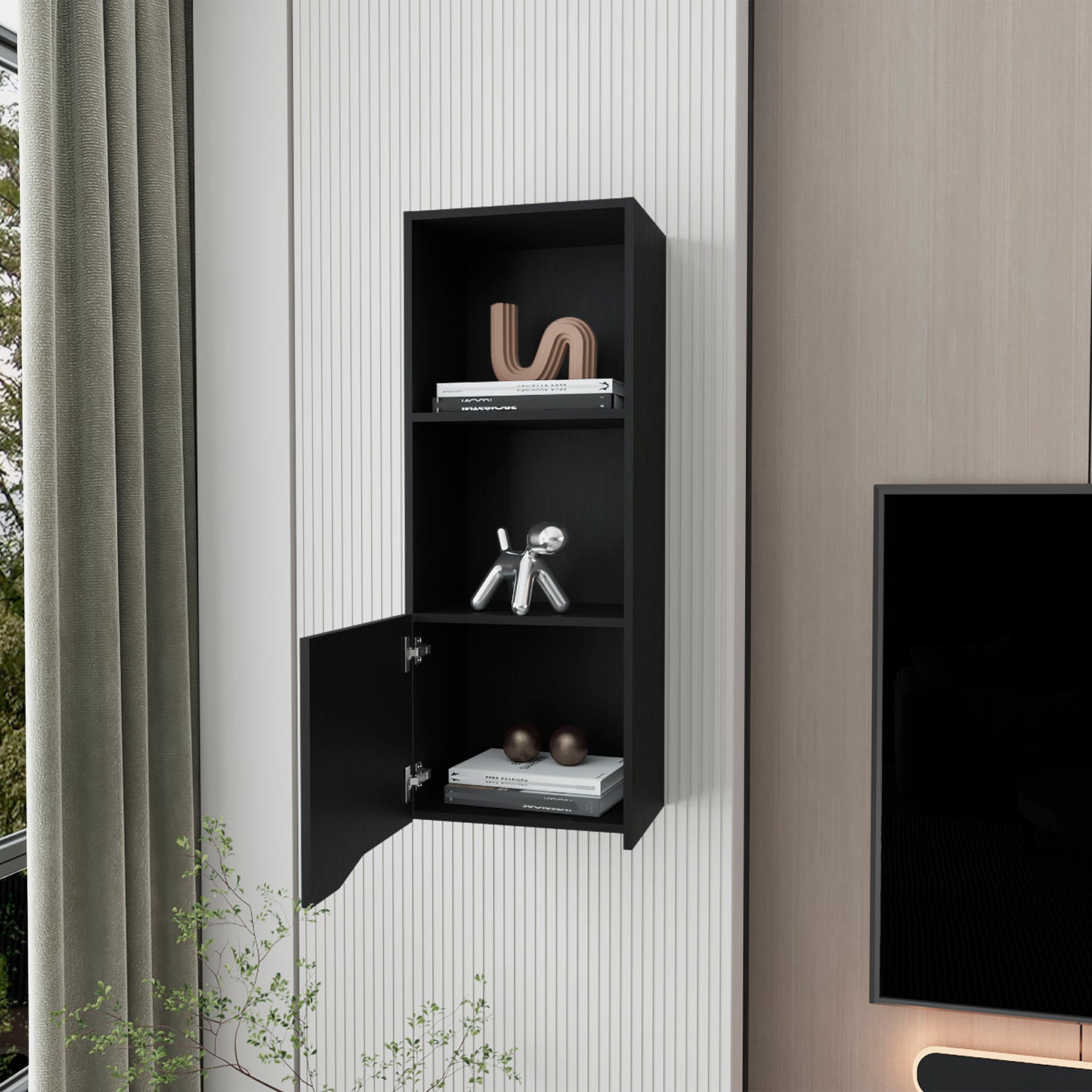 Modern black wallmounted cabinet with open door and decorative items