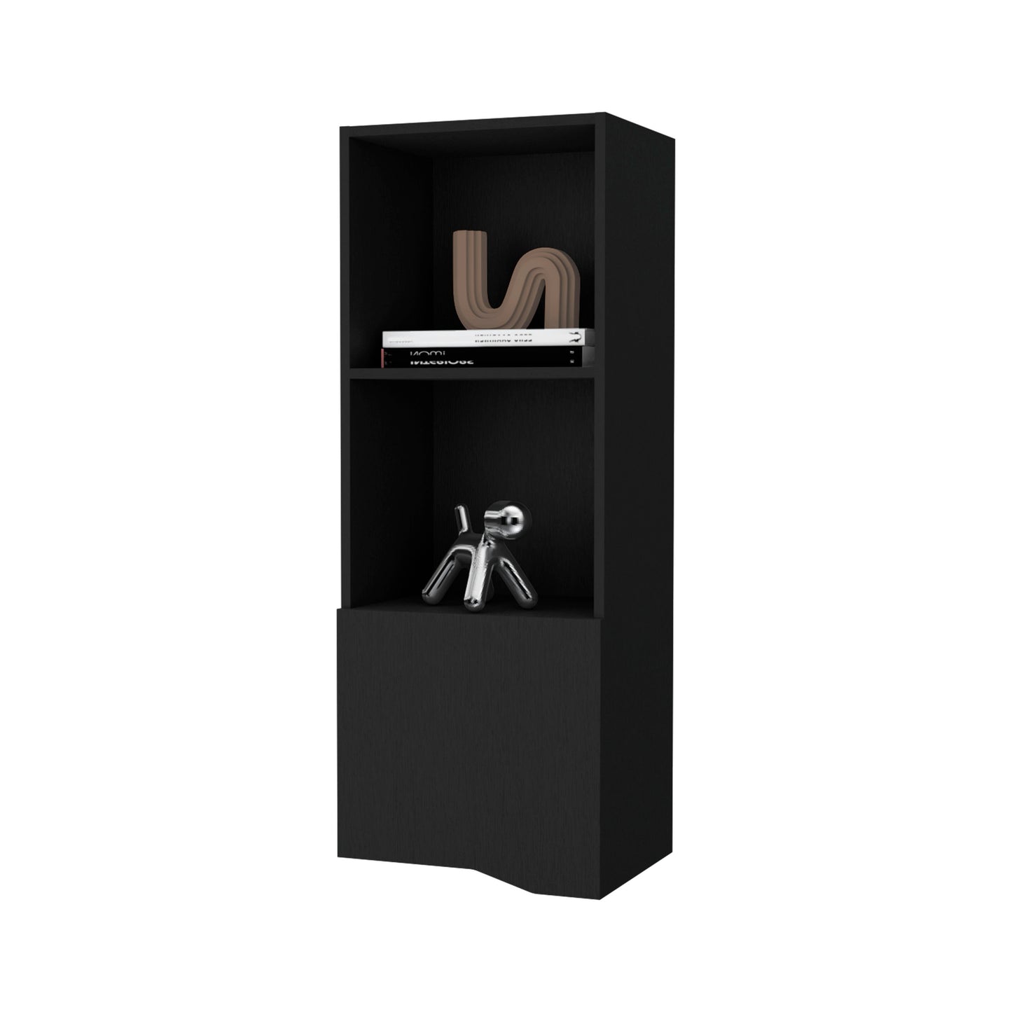 Black modern tall narrow bookshelf with one closed cabinet and two open shelves