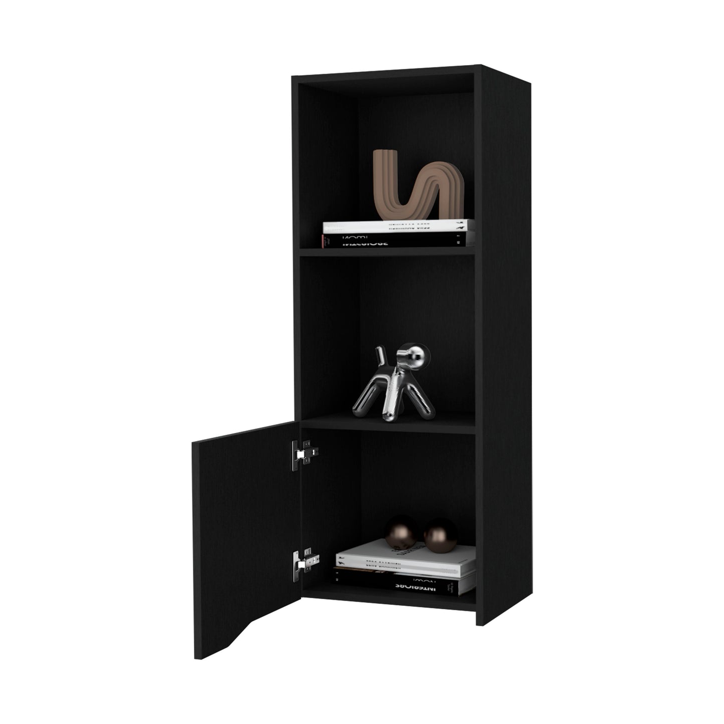 Sleek black narrow bookcase with open door and decorative items