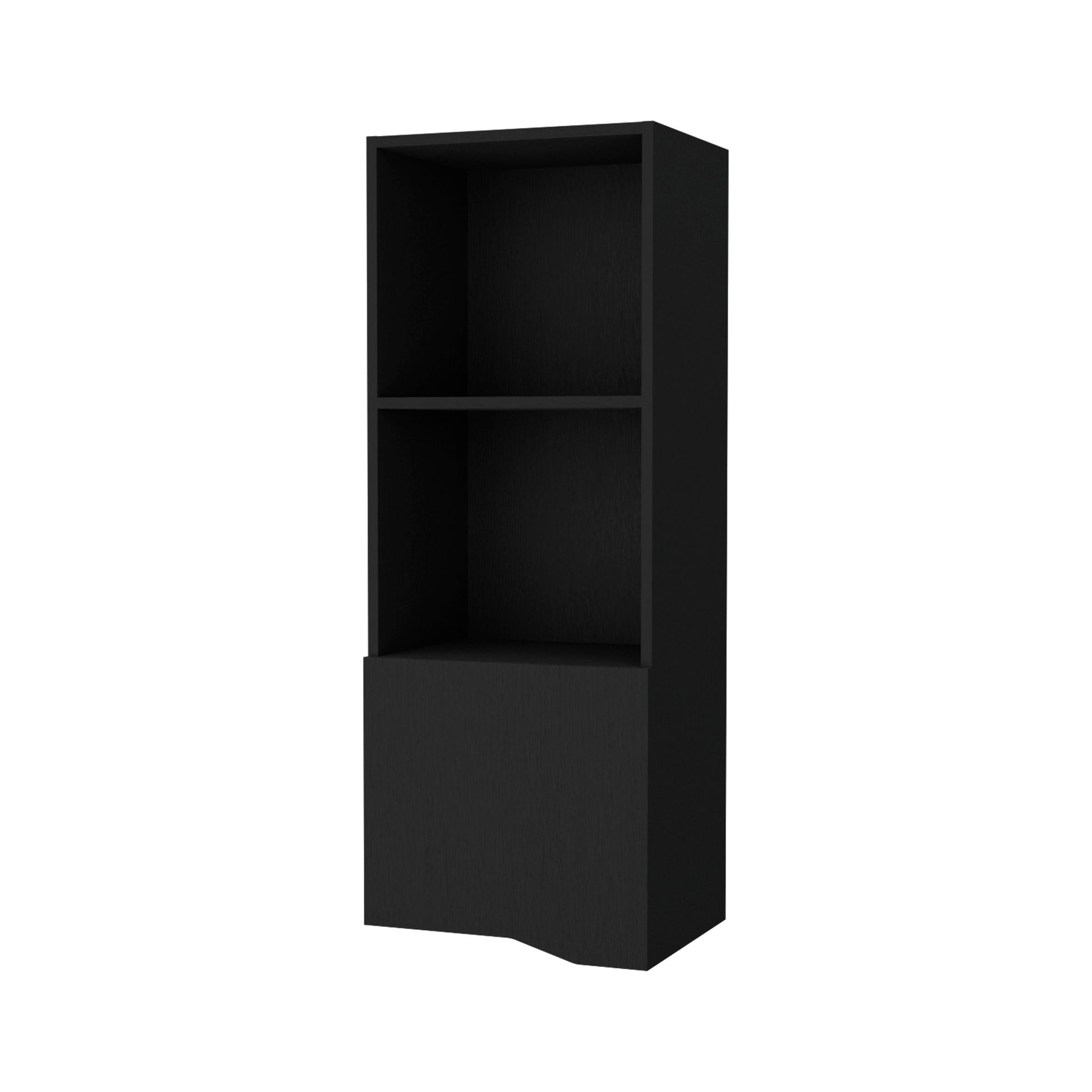Black modern bookshelf with two open shelves and one closed cabinet