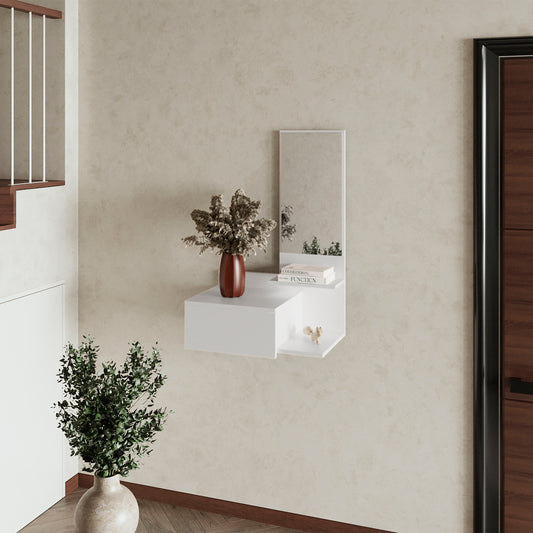 White floating entryway shelf with integrated mirror and decorative vase