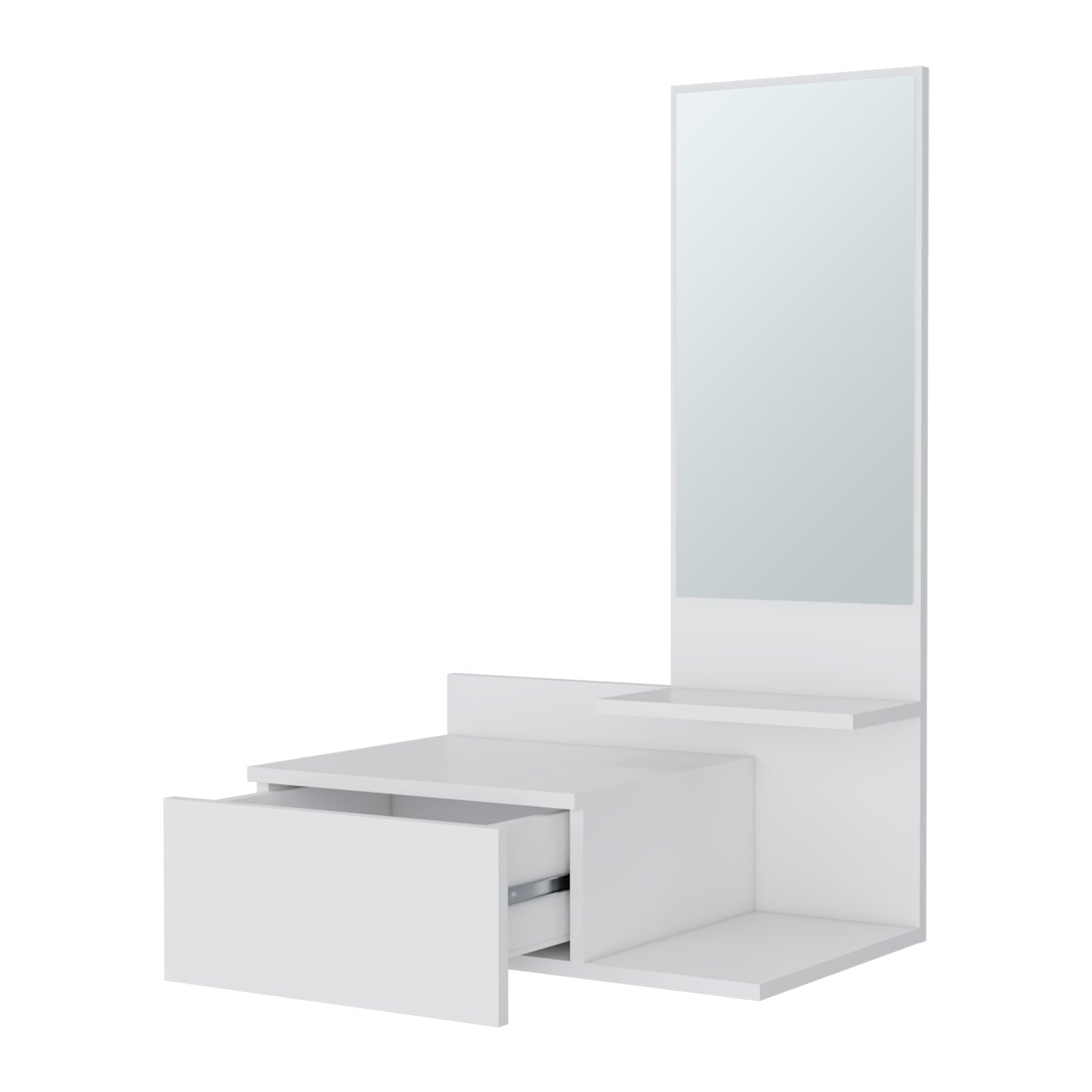 White modern vanity table with drawers and mirror