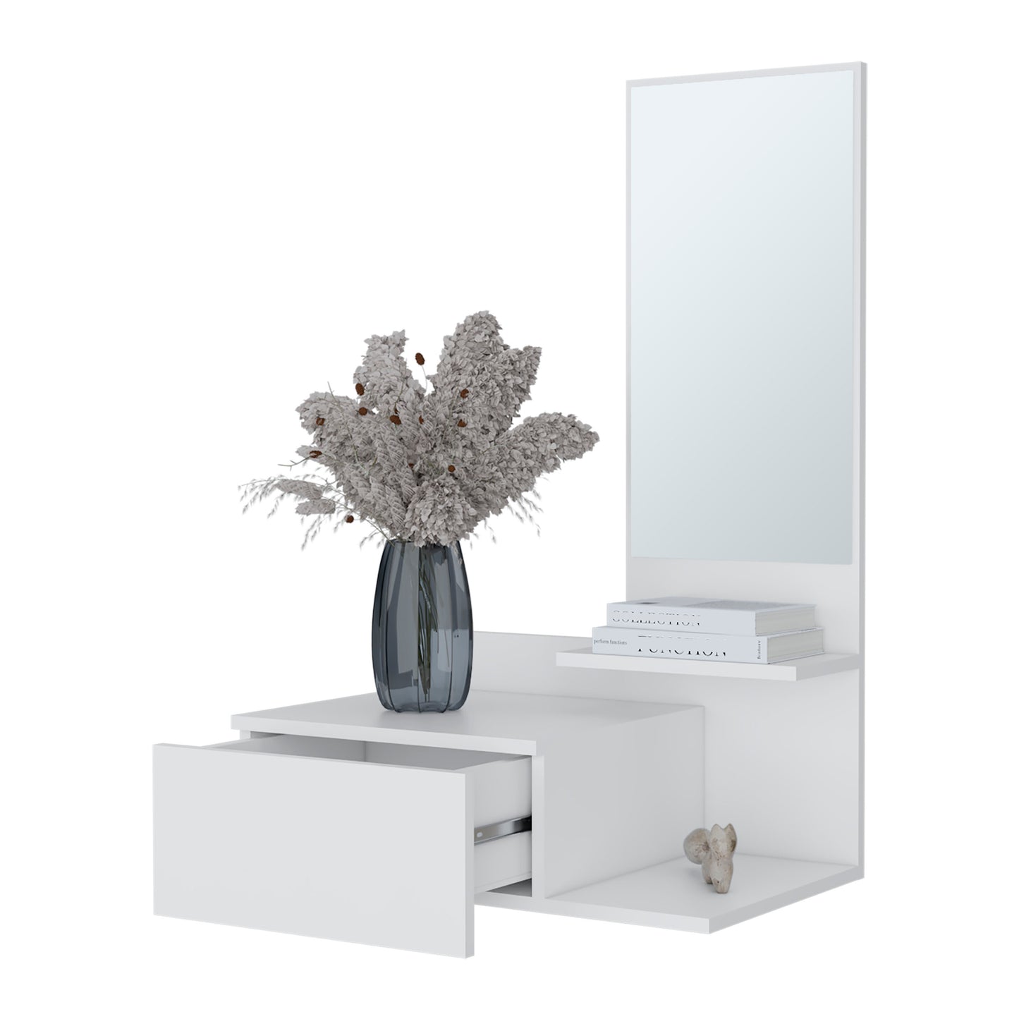 White modern entryway console with drawer and mirror
