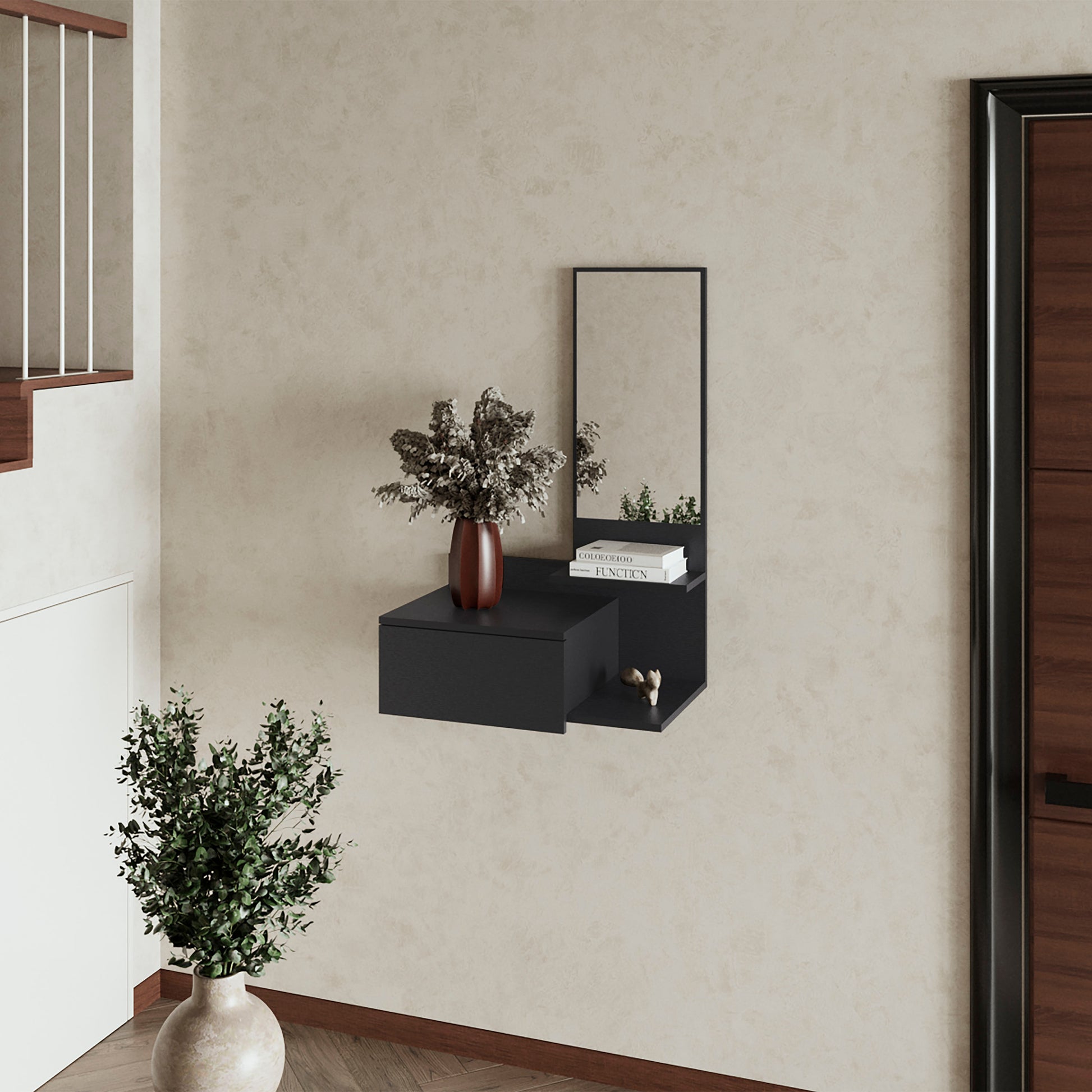 Black floating entryway shelf with integrated mirror and drawer