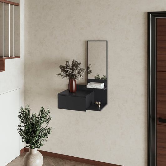 Black floating entryway shelf with integrated mirror and drawer