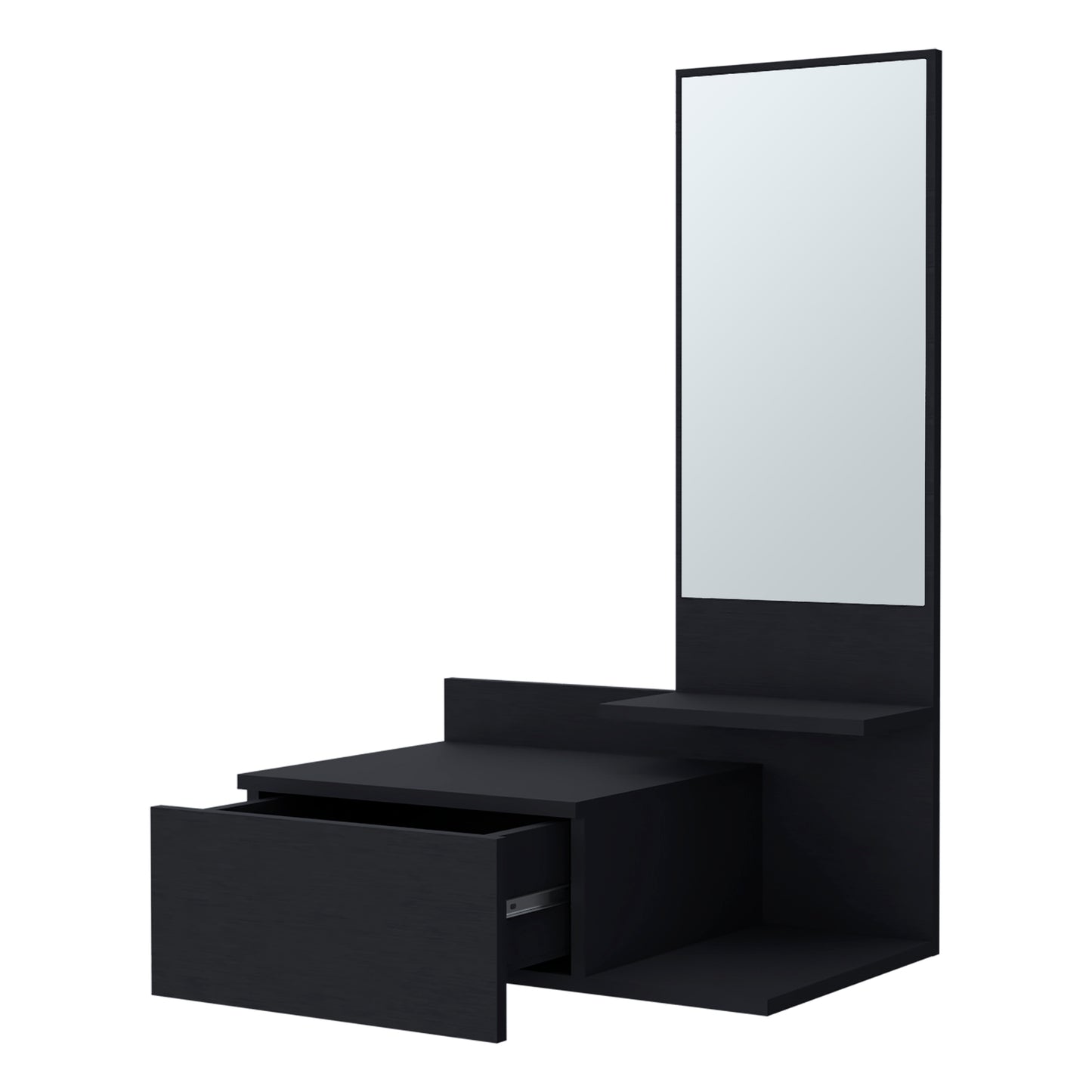 Black vanity desk with open drawer and tall mirror
