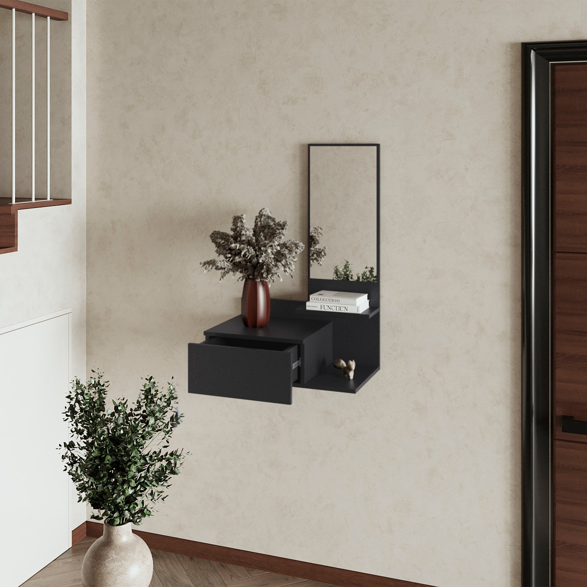 Modern black wallmounted entryway shelf with integrated mirror and single drawer for keys