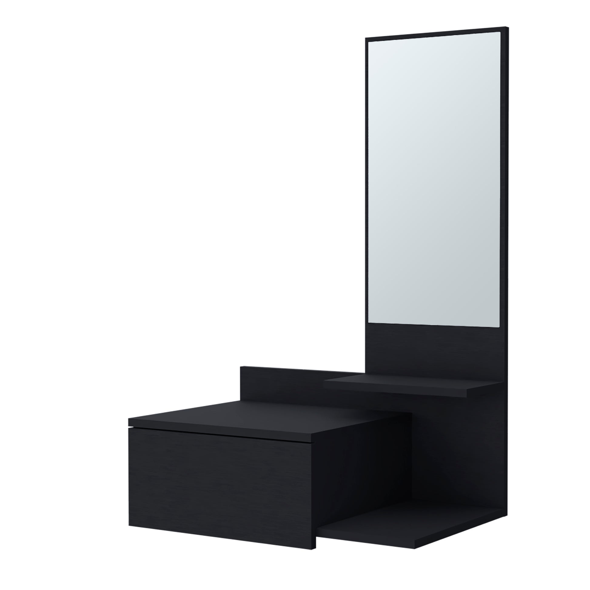 Modern black vanity with mirror and storage drawer