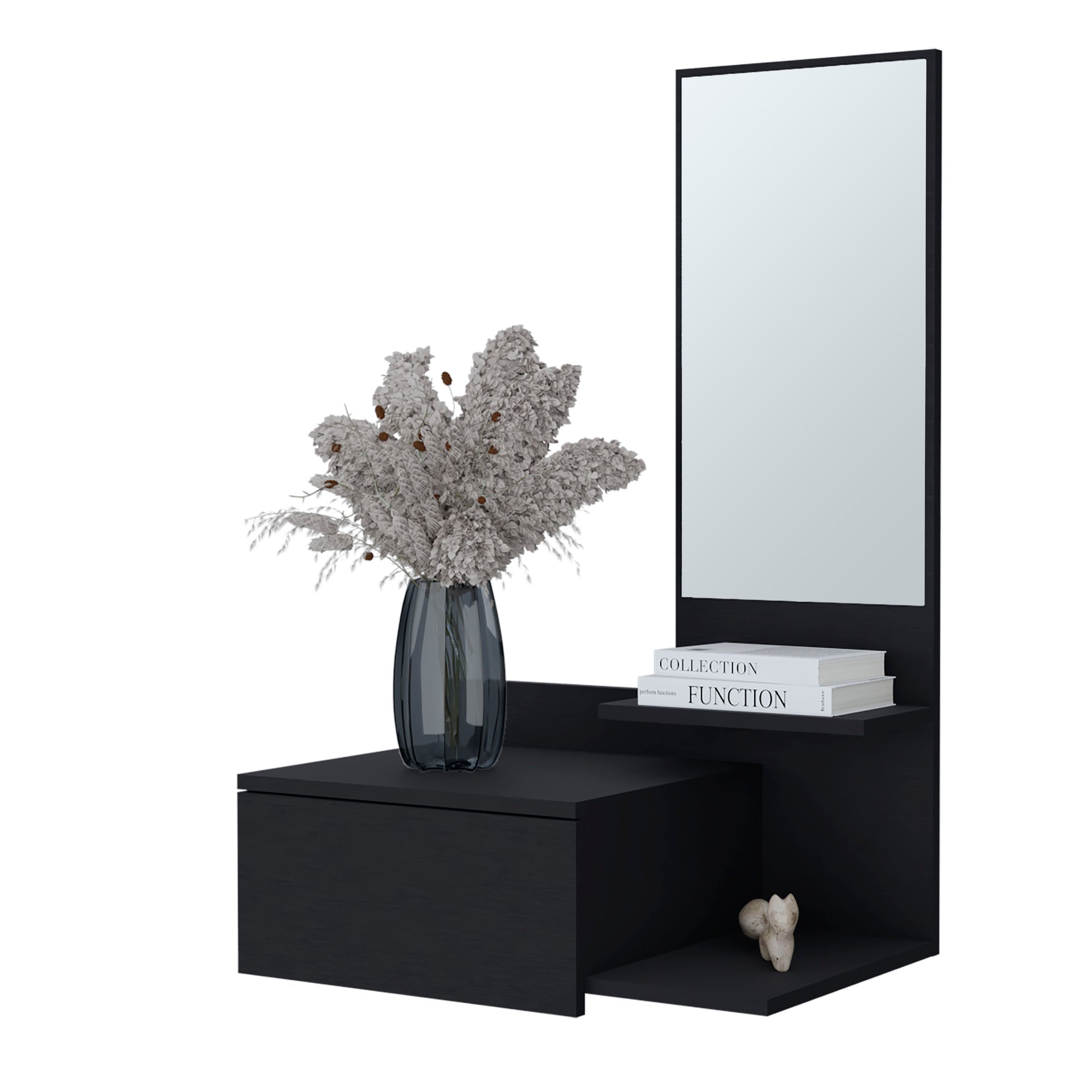 Modern black floating console with integrated mirror and shelf