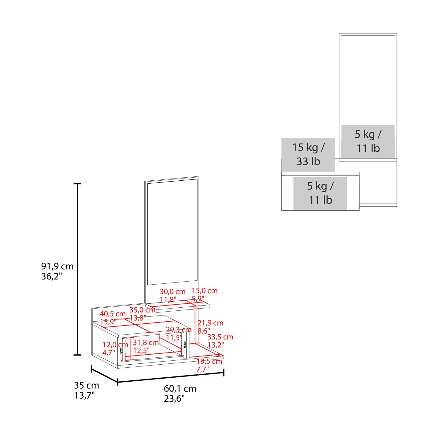 Line drawing of floating shelf with dimensions