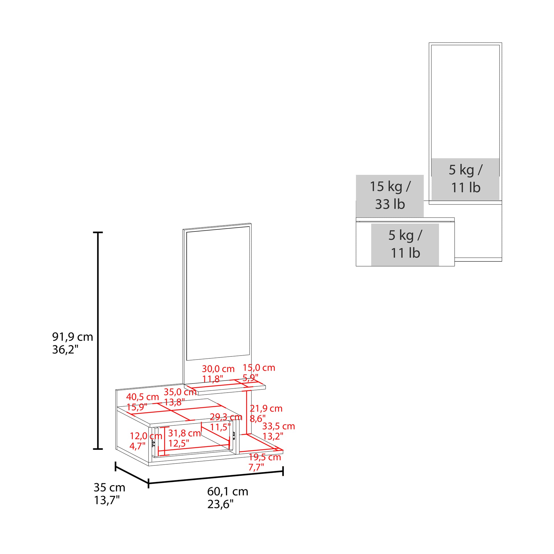 Line drawing of floating shelf with dimensions