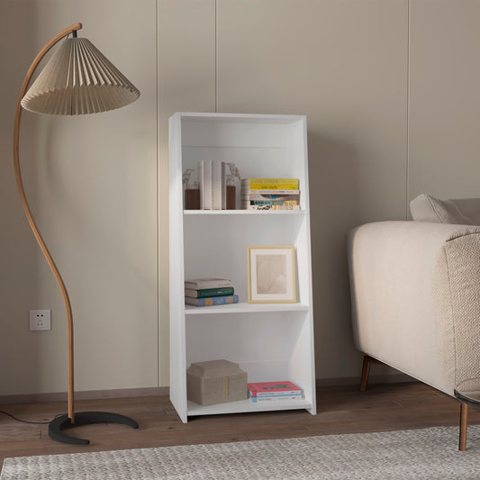 White modern minimalist bookshelf with three shelves storing books and decor