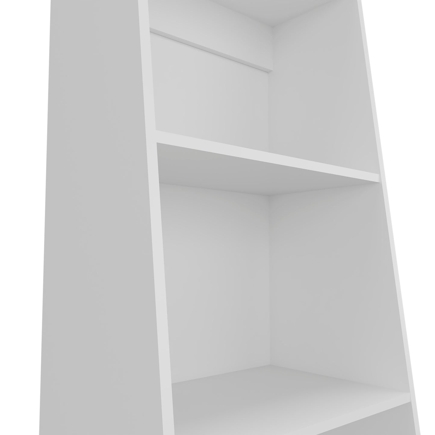 Modern white ladder bookshelf with open shelving