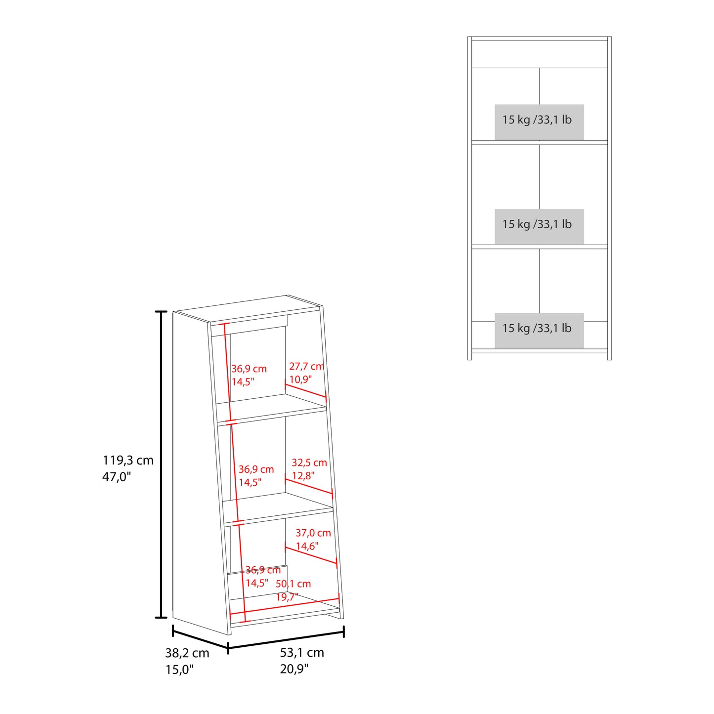 Line drawing of a white leaning bookshelf with dimensions and weight capacity for each shelf