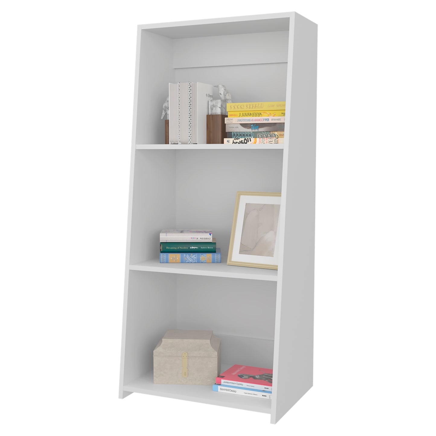 White modern bookcase with three shelves holding books and decorative items