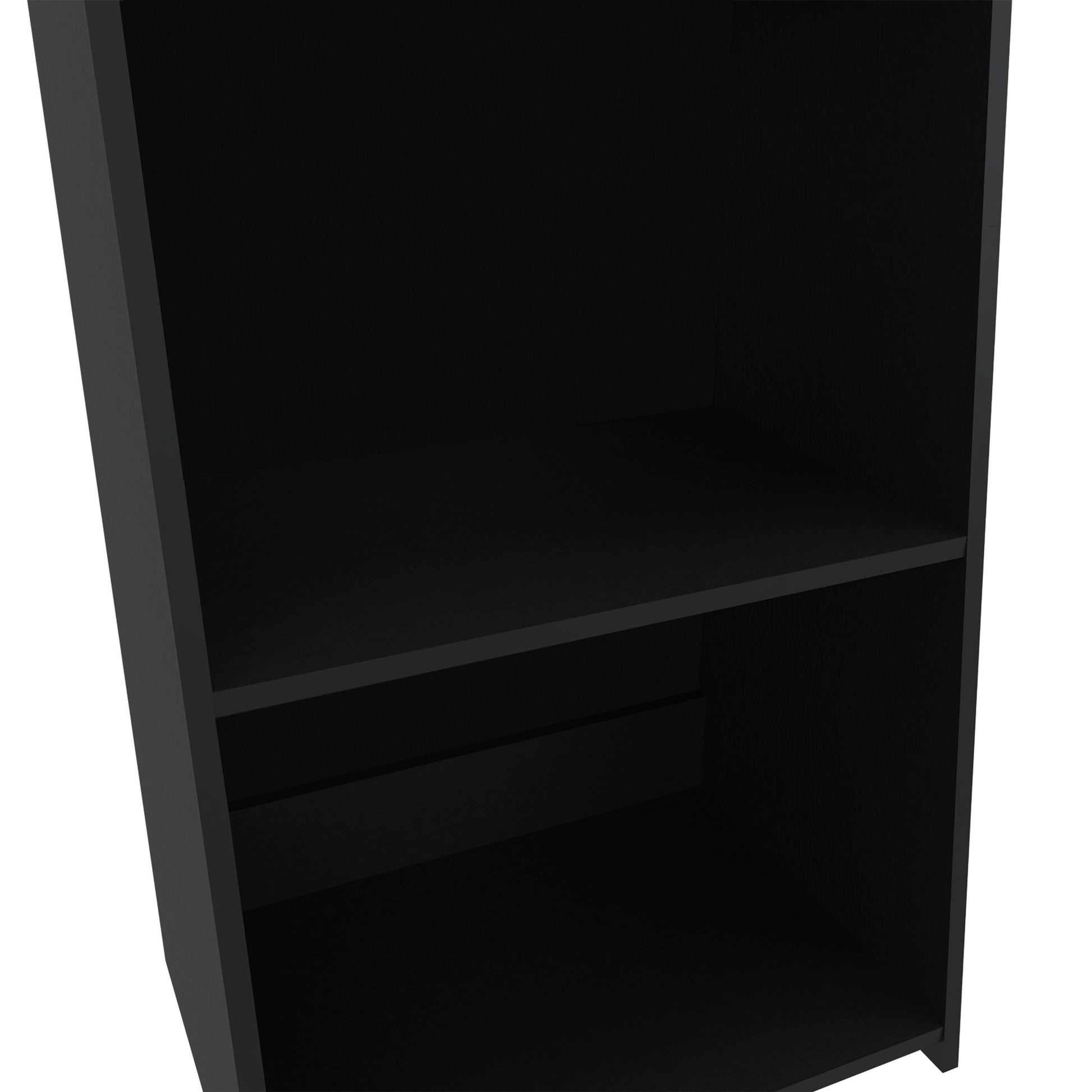 Sleek black modern bookshelf with three open shelves for storage