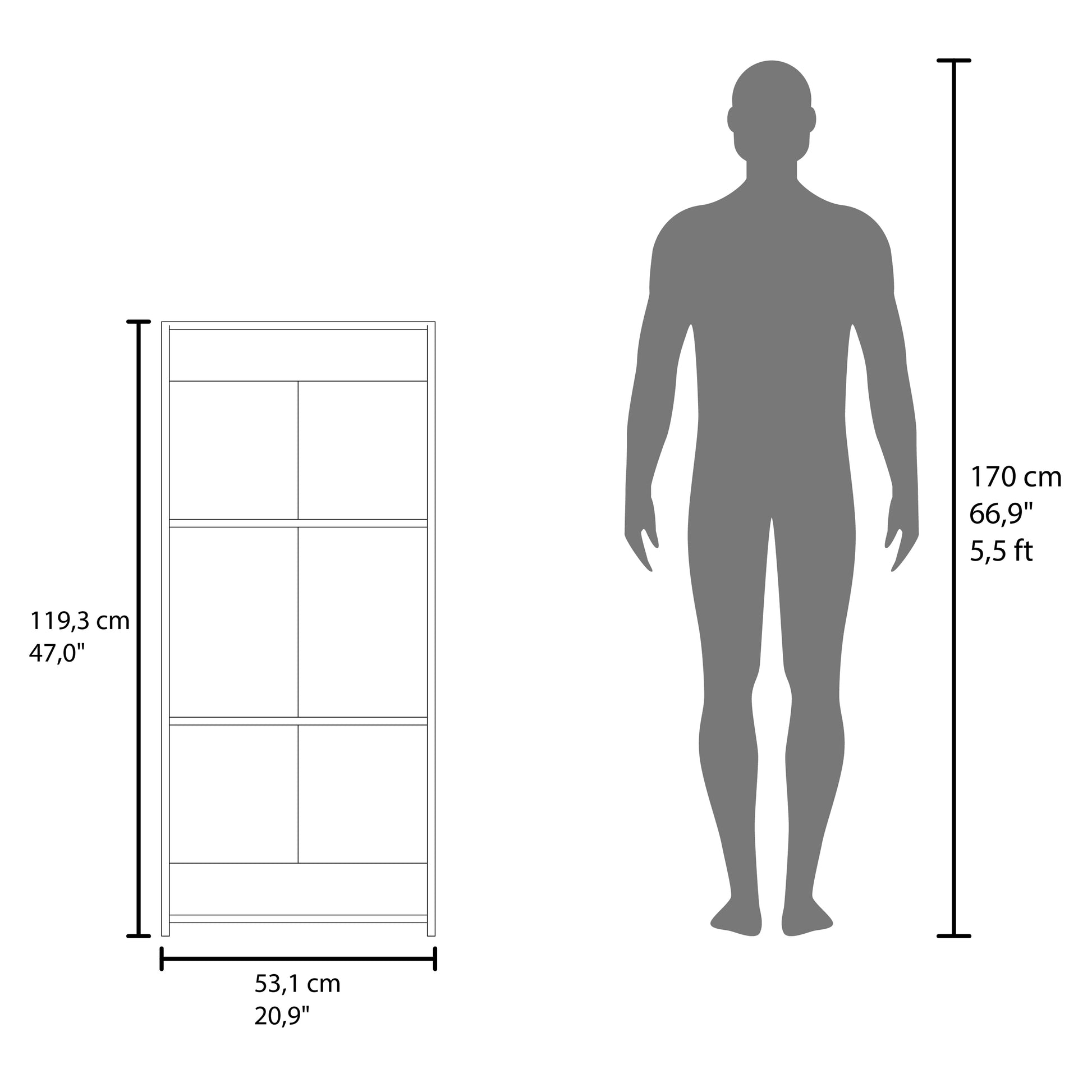 White bookshelf dimensions and human scale diagram