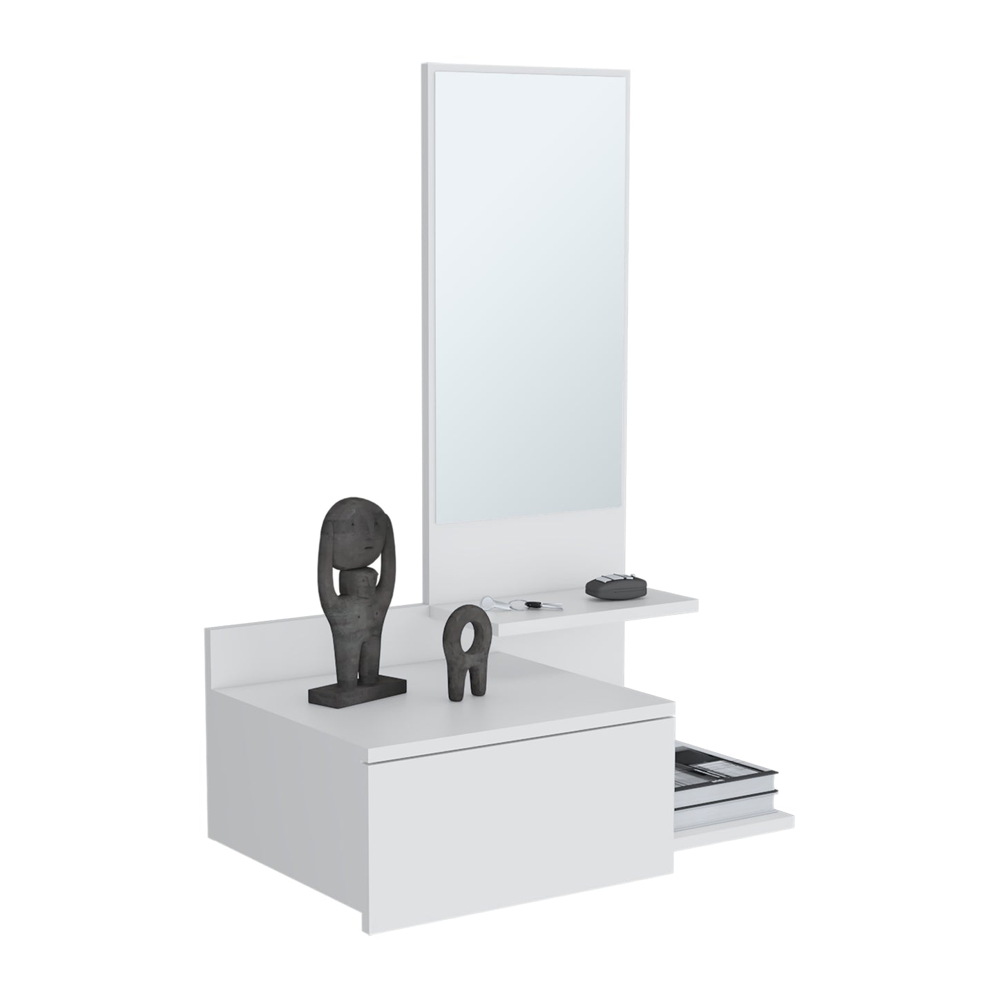 White modern entryway console with mirror and decorative statues