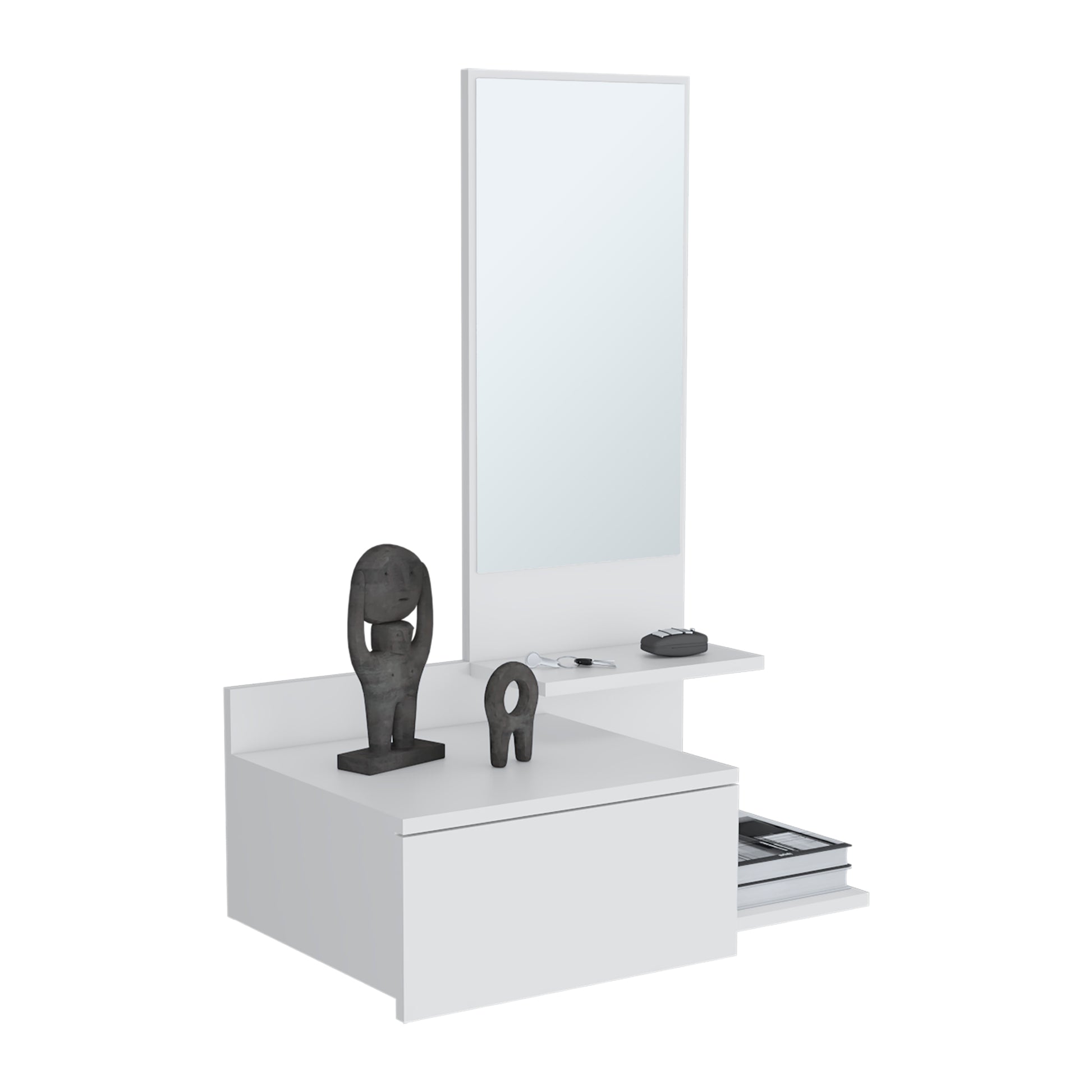 White modern entryway console with mirror and decorative statues