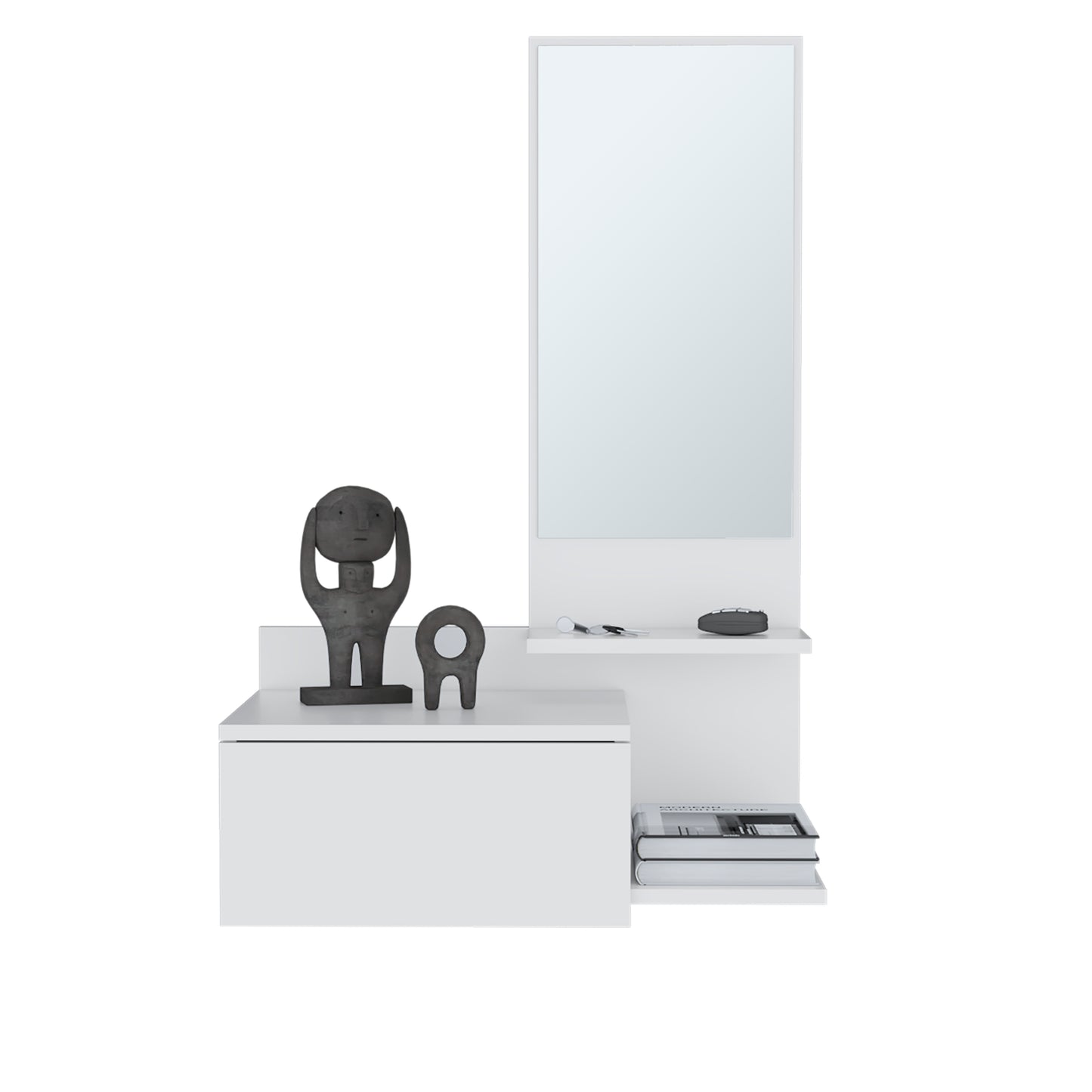 Modern white entryway organizer with large mirror and storage shelf