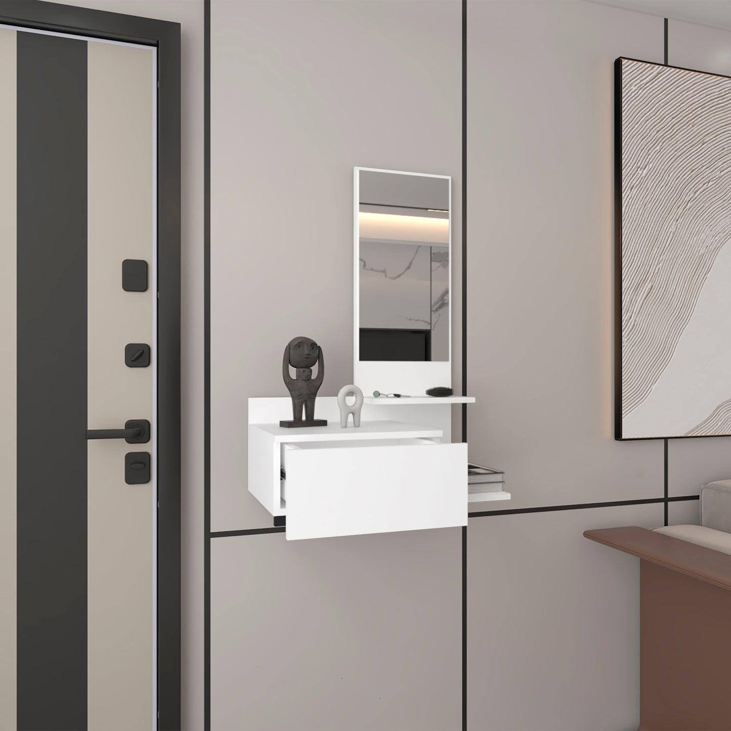 White floating entryway organizer with drawer and mirror