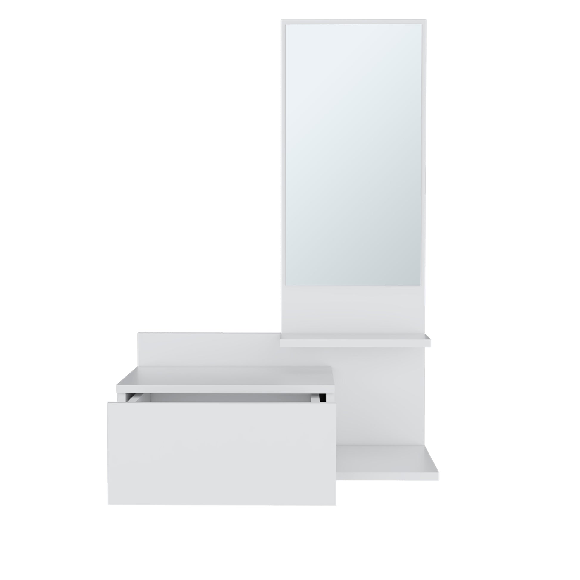 White wallmounted vanity with drawer and shelf